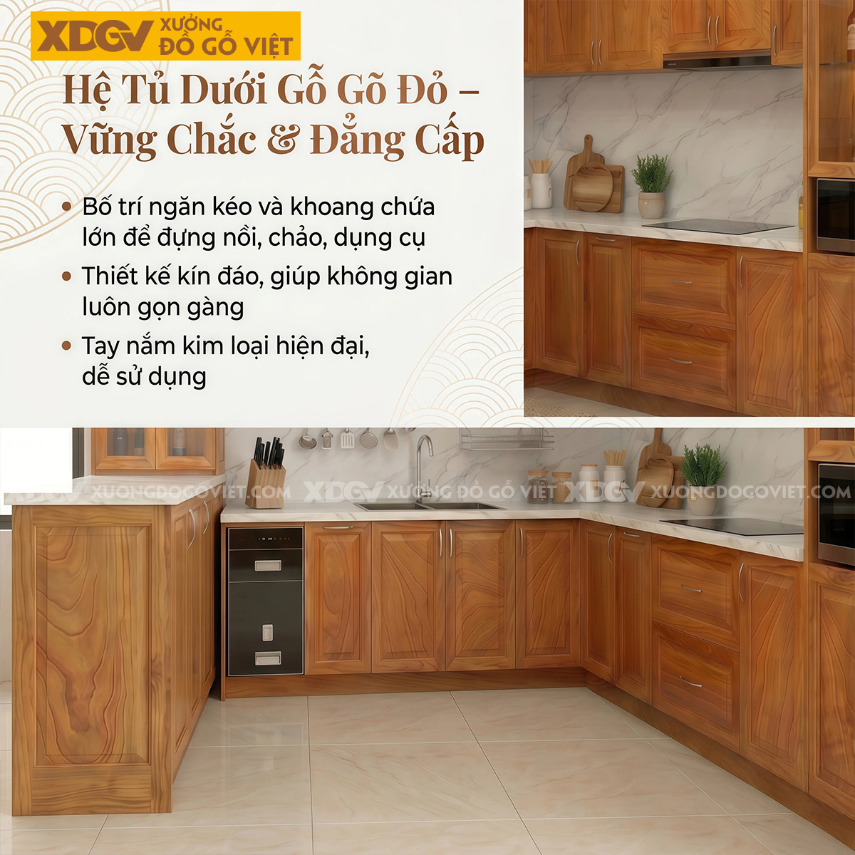 Bộ Tủ Bếp Gỗ Gõ Đỏ Hiện Đại Chữ U Phối Kính Ốp Đá Sang Trọng