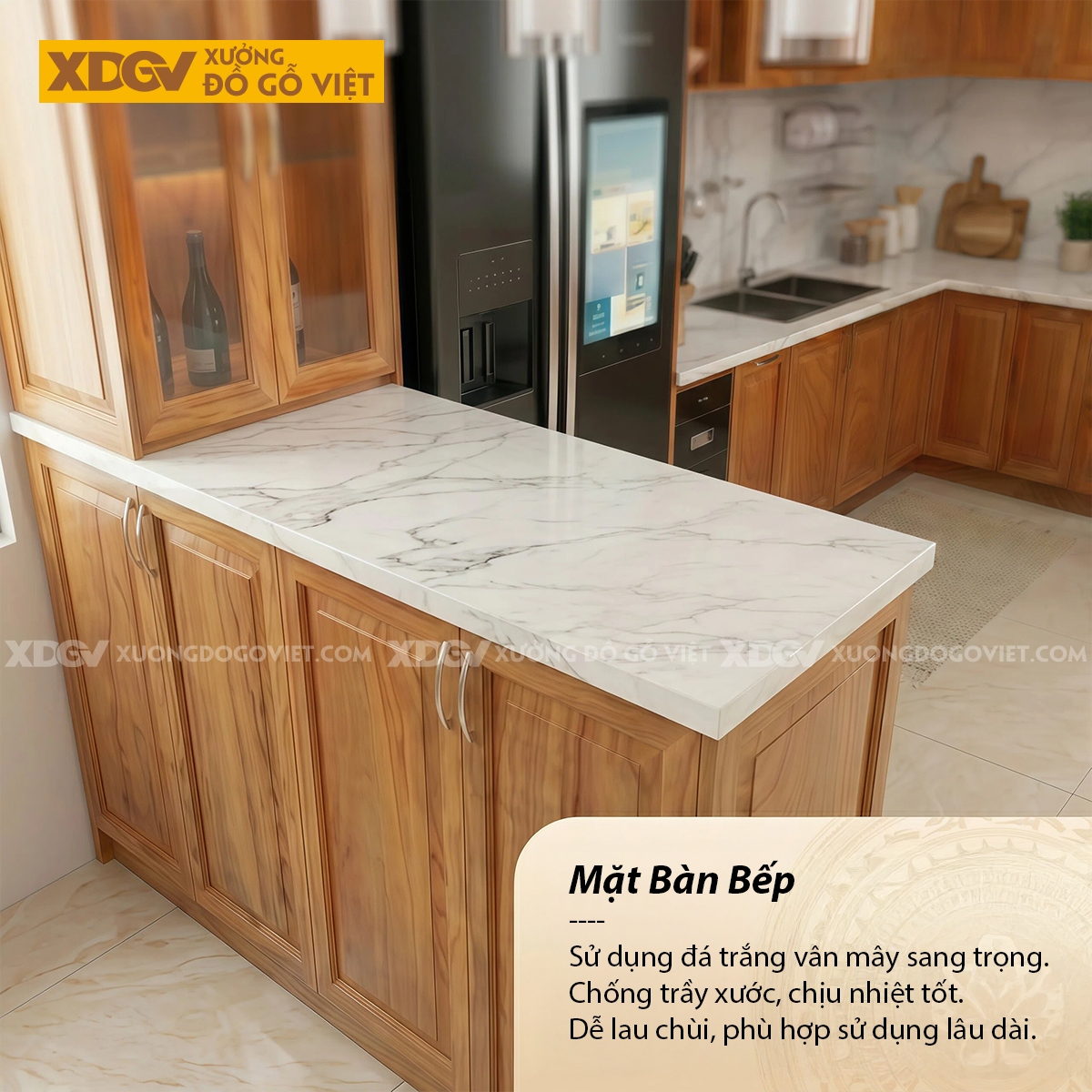 Bộ Tủ Bếp Gỗ Gõ Đỏ Hiện Đại Chữ U Phối Kính Ốp Đá Sang Trọng