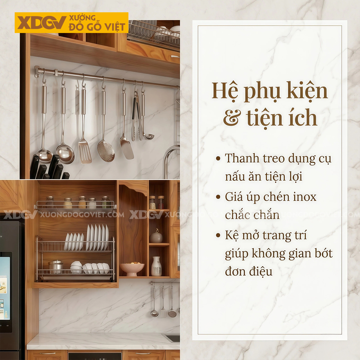 Bộ Tủ Bếp Gỗ Gõ Đỏ Hiện Đại Chữ U Phối Kính Ốp Đá Sang Trọng