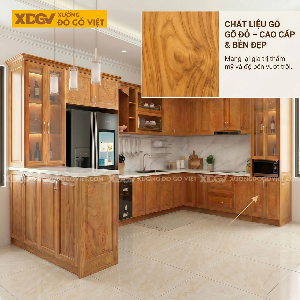 Bộ Tủ Bếp Gỗ Gõ Đỏ Hiện Đại Chữ U Phối Kính Ốp Đá Sang Trọng