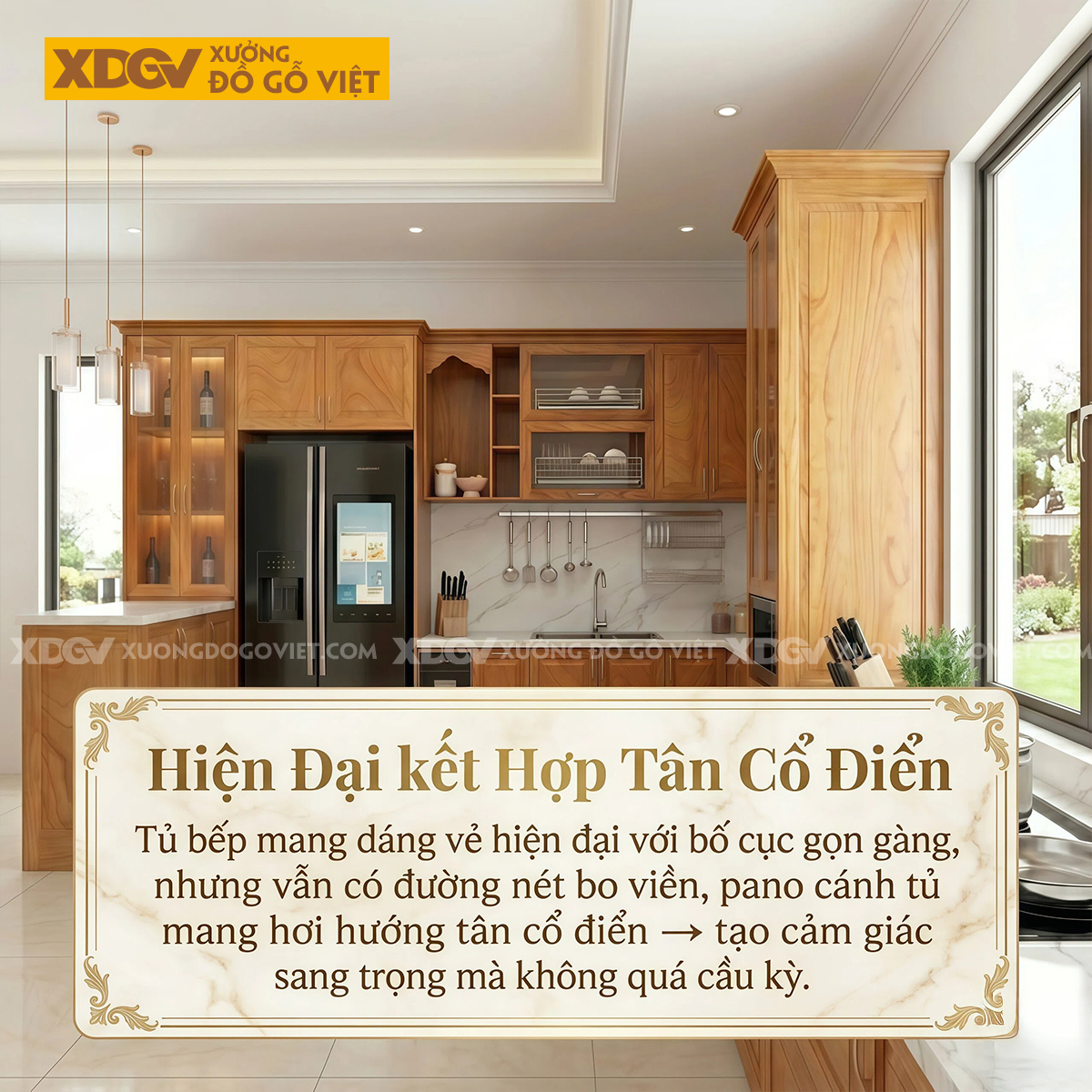 Bộ Tủ Bếp Gỗ Gõ Đỏ Hiện Đại Chữ U Phối Kính Ốp Đá Sang Trọng