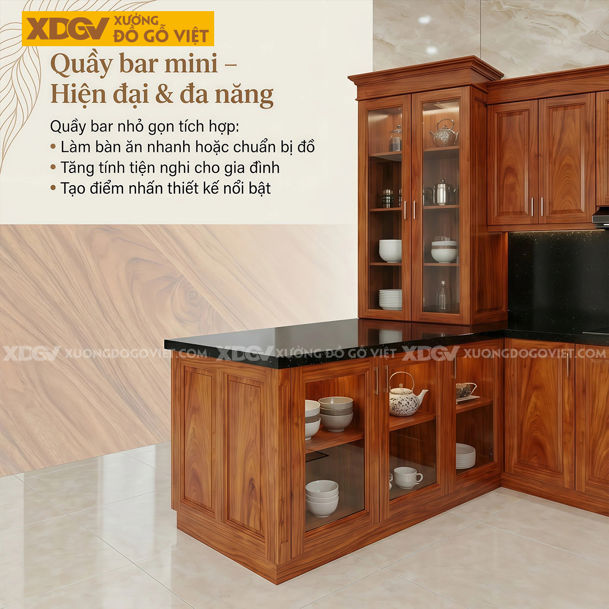 Bộ Tủ Bếp Gỗ Gõ Đỏ Kèm Quầy Bar Tích Hợp Phụ Kiện Thông Minh
