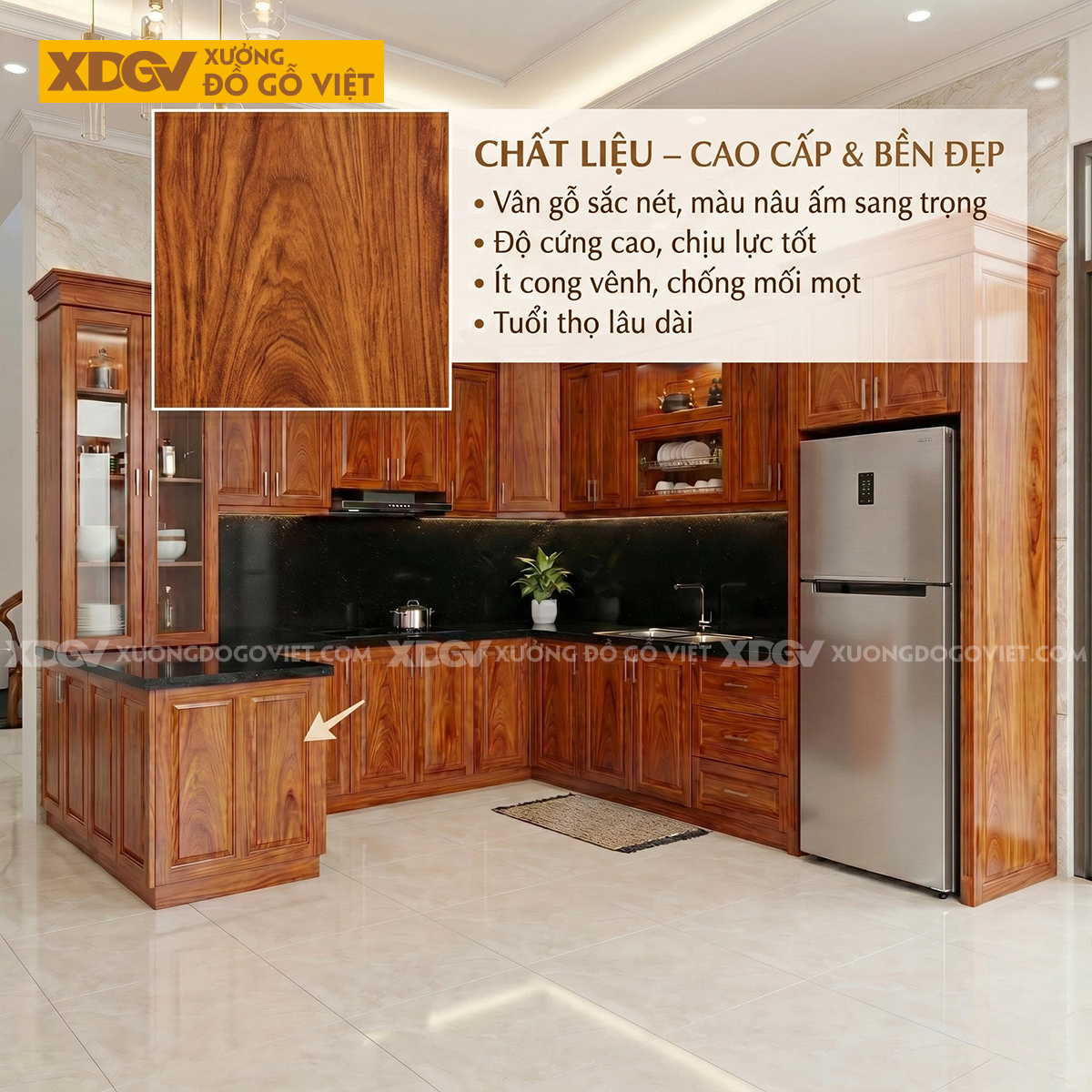Bộ Tủ Bếp Gỗ Gõ Đỏ Kèm Quầy Bar Tích Hợp Phụ Kiện Thông Minh