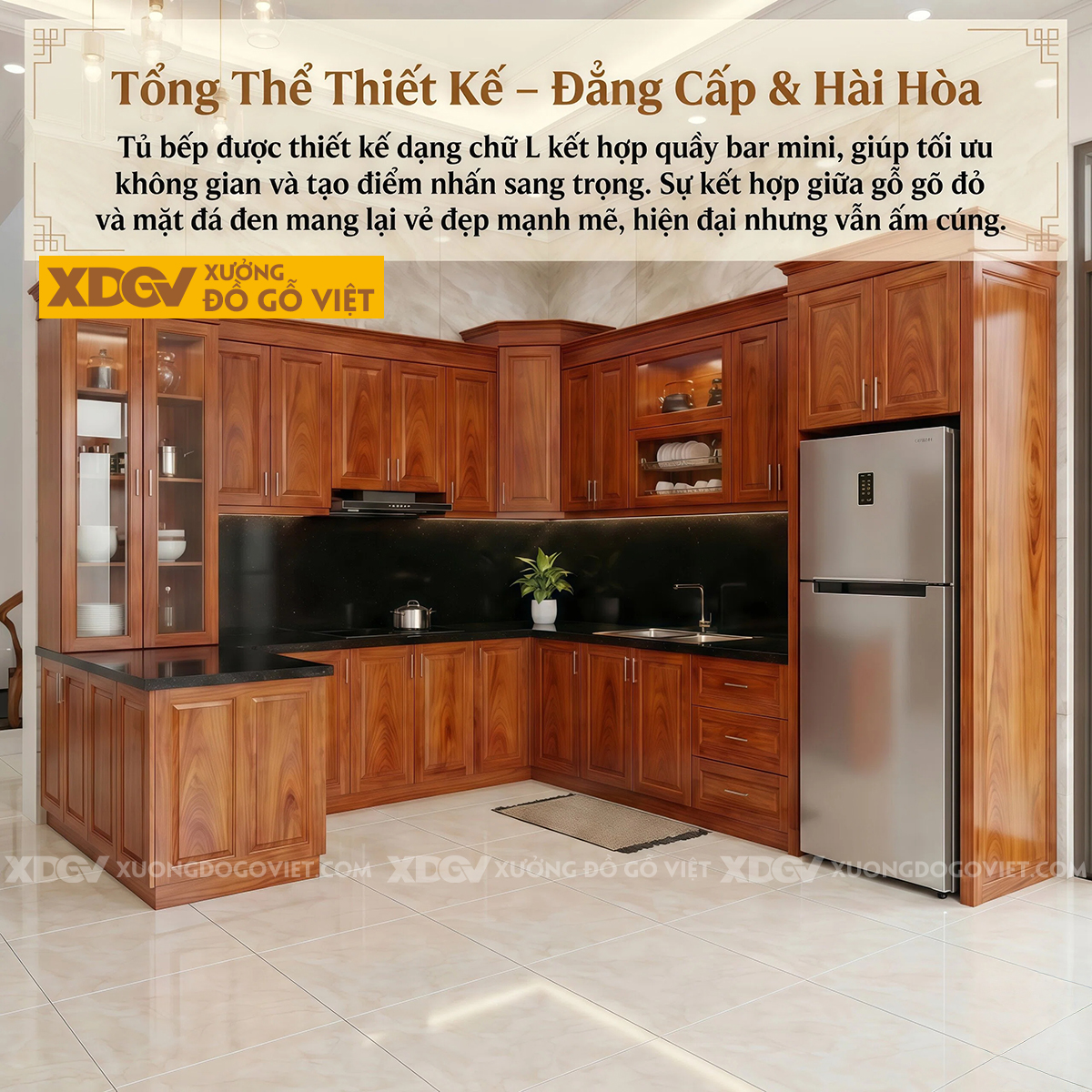 Bộ Tủ Bếp Gỗ Gõ Đỏ Kèm Quầy Bar Tích Hợp Phụ Kiện Thông Minh