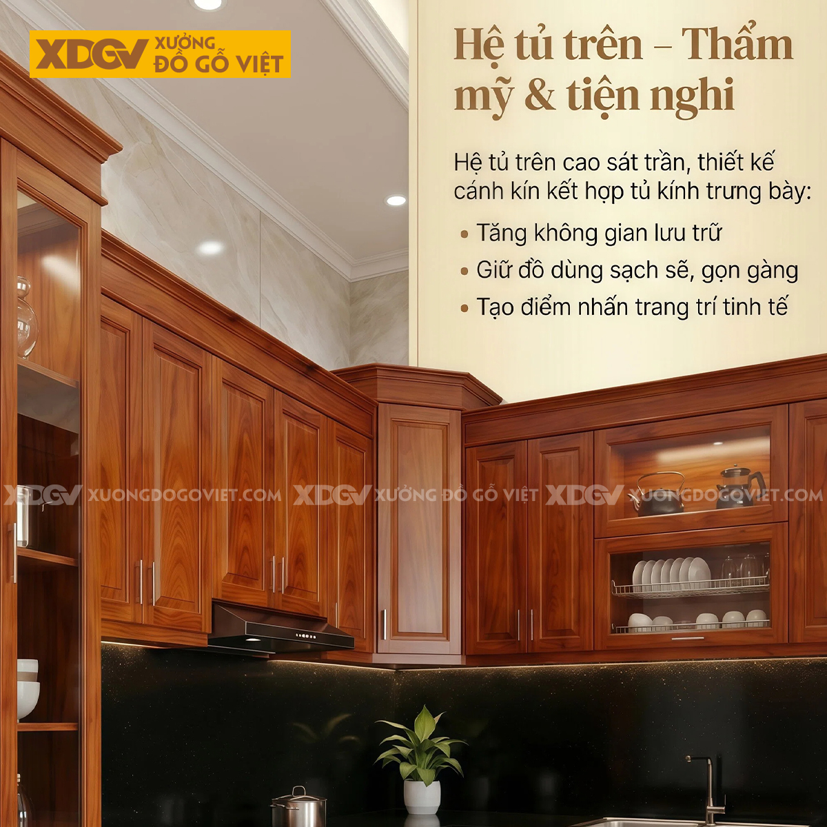 Bộ Tủ Bếp Gỗ Gõ Đỏ Kèm Quầy Bar Tích Hợp Phụ Kiện Thông Minh