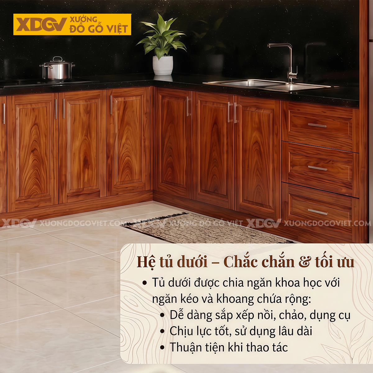 Bộ Tủ Bếp Gỗ Gõ Đỏ Kèm Quầy Bar Tích Hợp Phụ Kiện Thông Minh