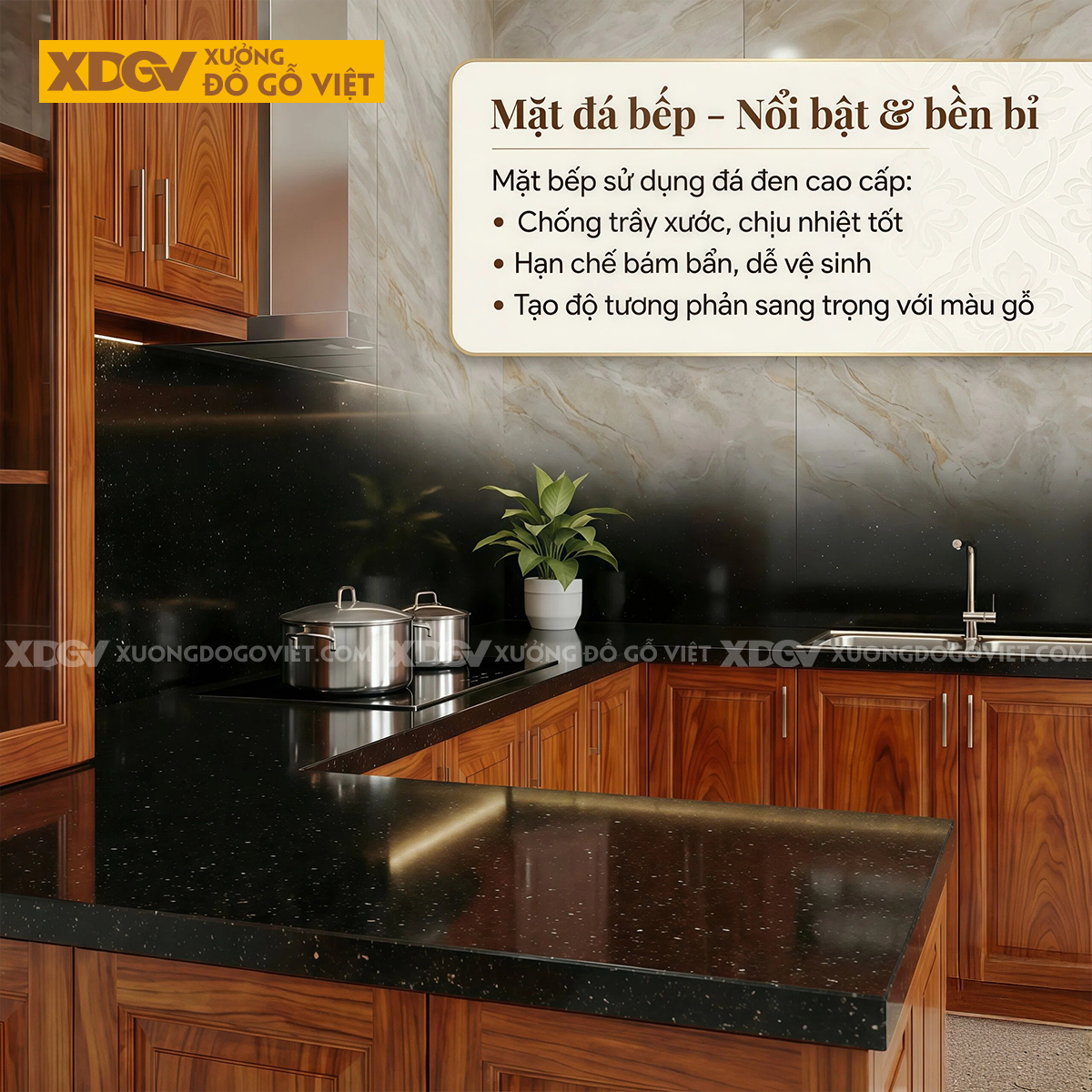 Bộ Tủ Bếp Gỗ Gõ Đỏ Kèm Quầy Bar Tích Hợp Phụ Kiện Thông Minh