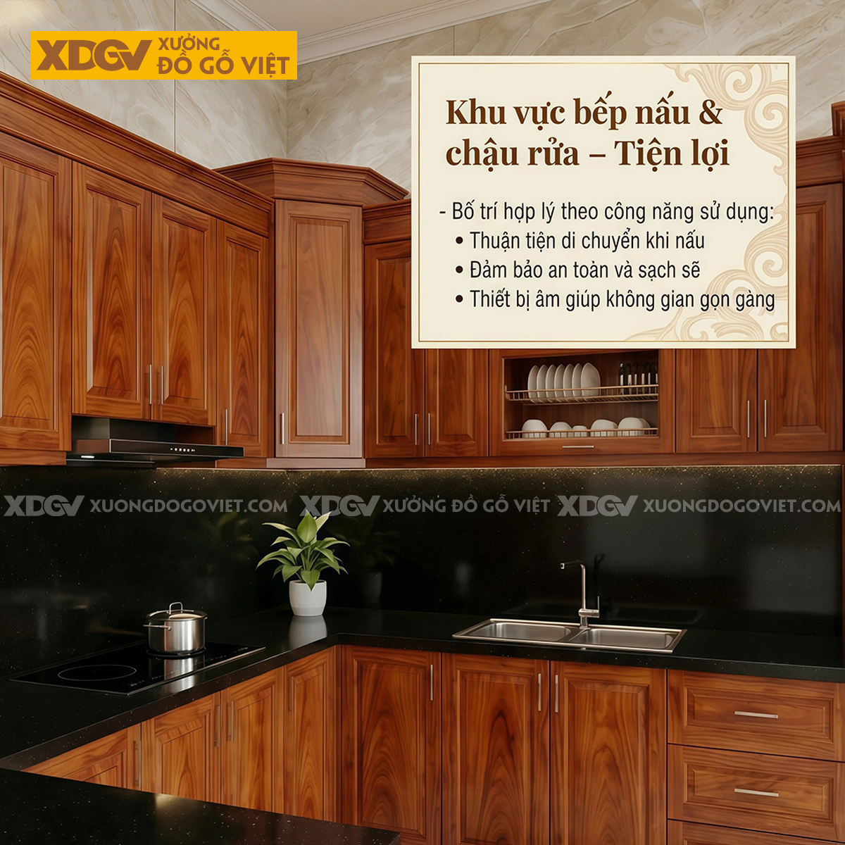 Bộ Tủ Bếp Gỗ Gõ Đỏ Kèm Quầy Bar Tích Hợp Phụ Kiện Thông Minh