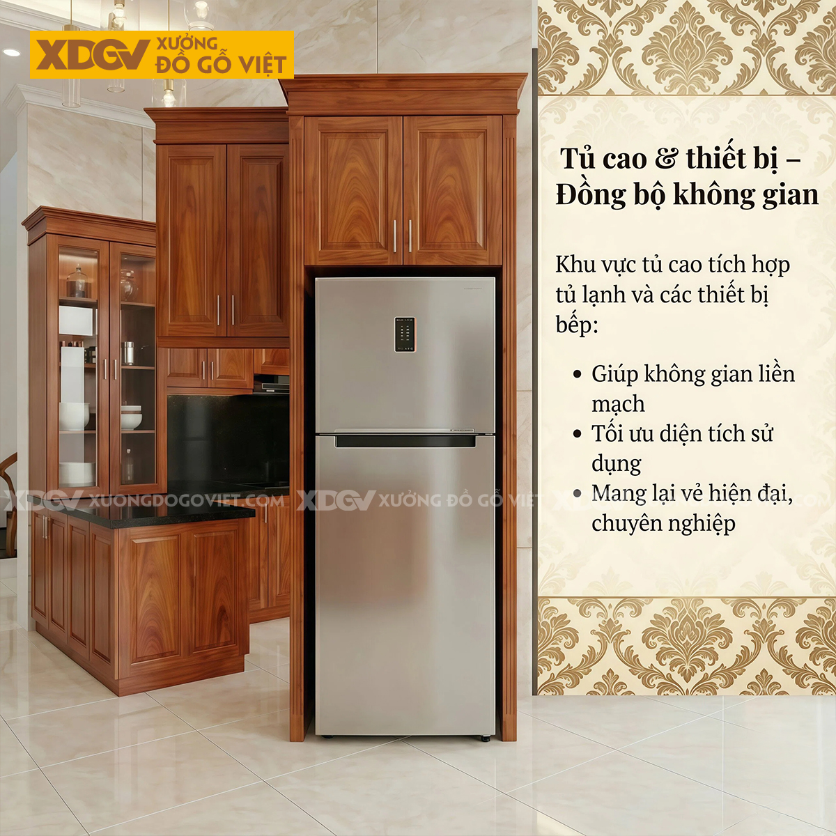Bộ Tủ Bếp Gỗ Gõ Đỏ Kèm Quầy Bar Tích Hợp Phụ Kiện Thông Minh