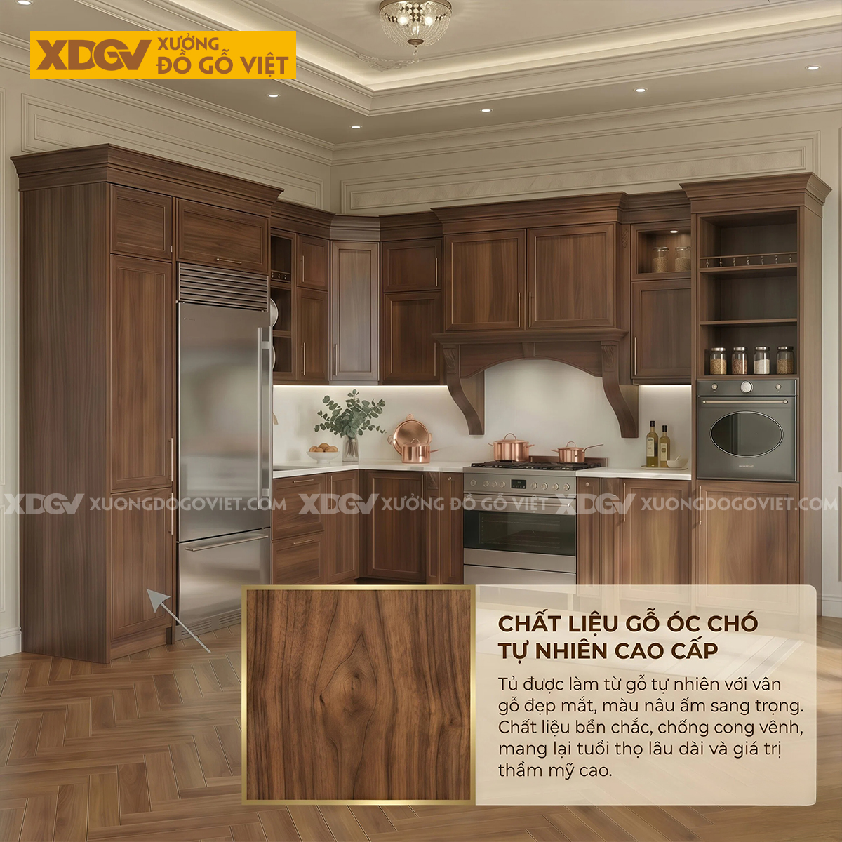Bộ Tủ Bếp Gỗ Óc Chó Tự Nhiên Đẹp Góc L Tân Cổ Điển Kết Hợp