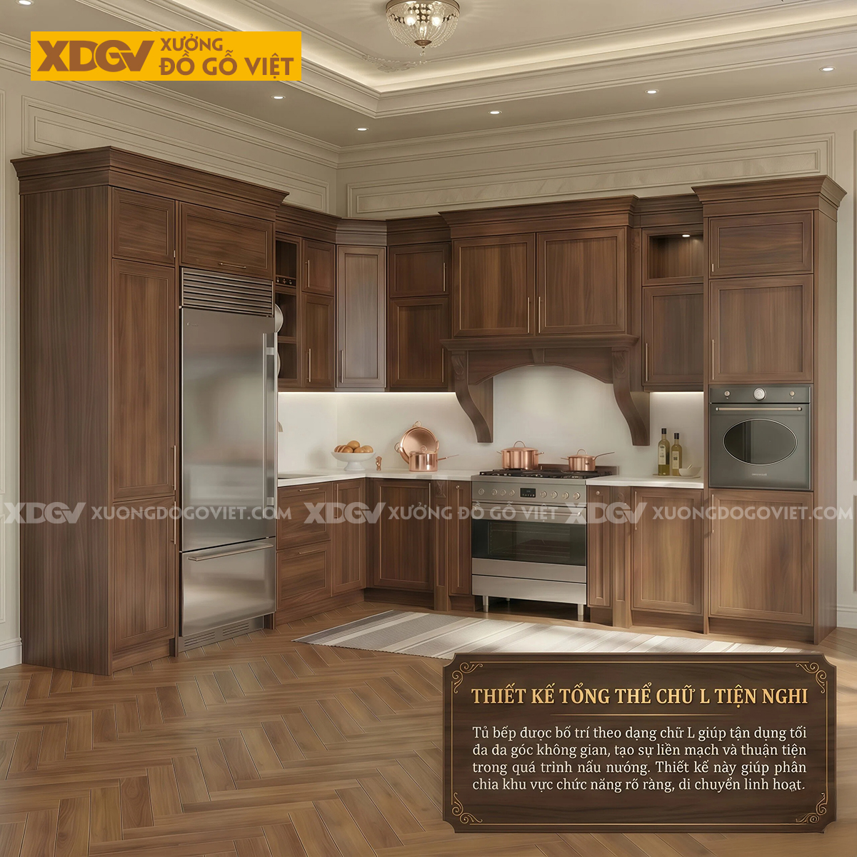 Bộ Tủ Bếp Gỗ Óc Chó Tự Nhiên Đẹp Góc L Tân Cổ Điển Kết Hợp