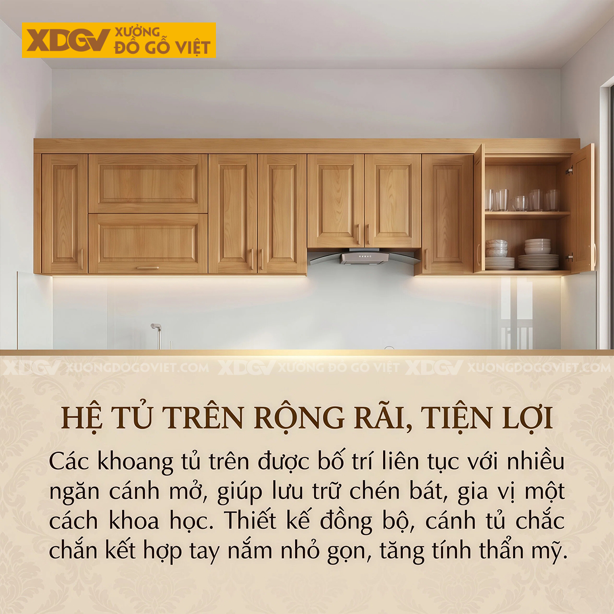 Bộ Tủ Bếp Gỗ Sồi Chữ I Thiết Kế Cánh Pano Đa Ngăn Thông Minh