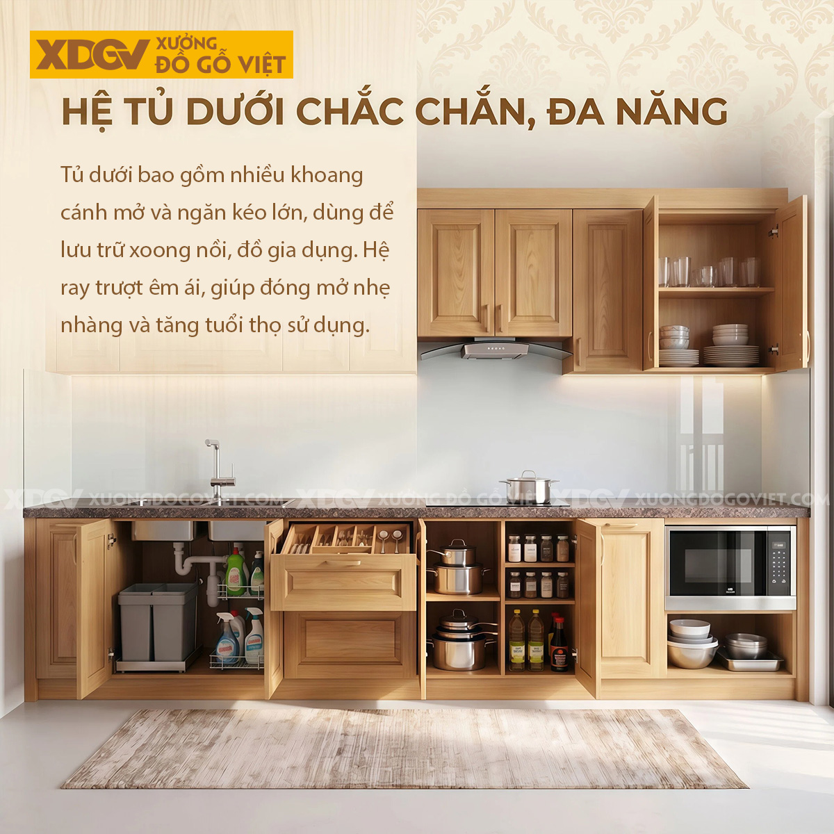 Bộ Tủ Bếp Gỗ Sồi Chữ I Thiết Kế Cánh Pano Đa Ngăn Thông Minh