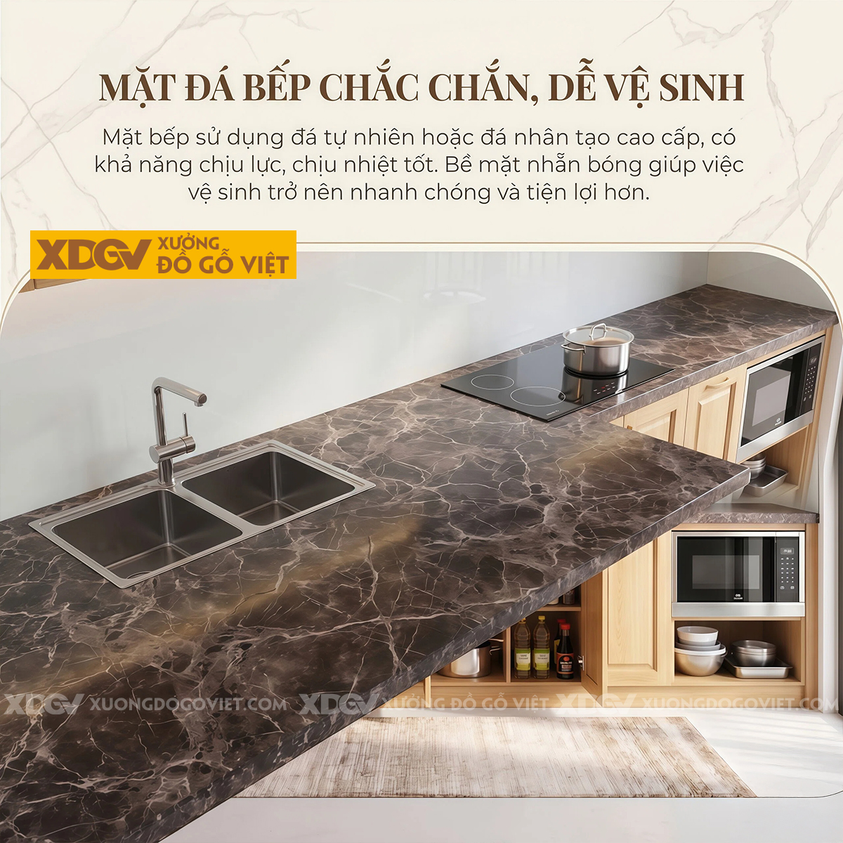 Bộ Tủ Bếp Gỗ Sồi Chữ I Thiết Kế Cánh Pano Đa Ngăn Thông Minh