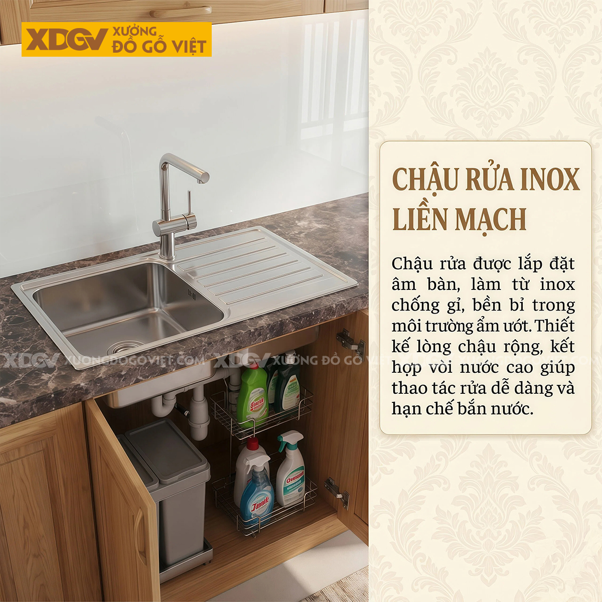 Bộ Tủ Bếp Gỗ Sồi Chữ I Thiết Kế Cánh Pano Đa Ngăn Thông Minh