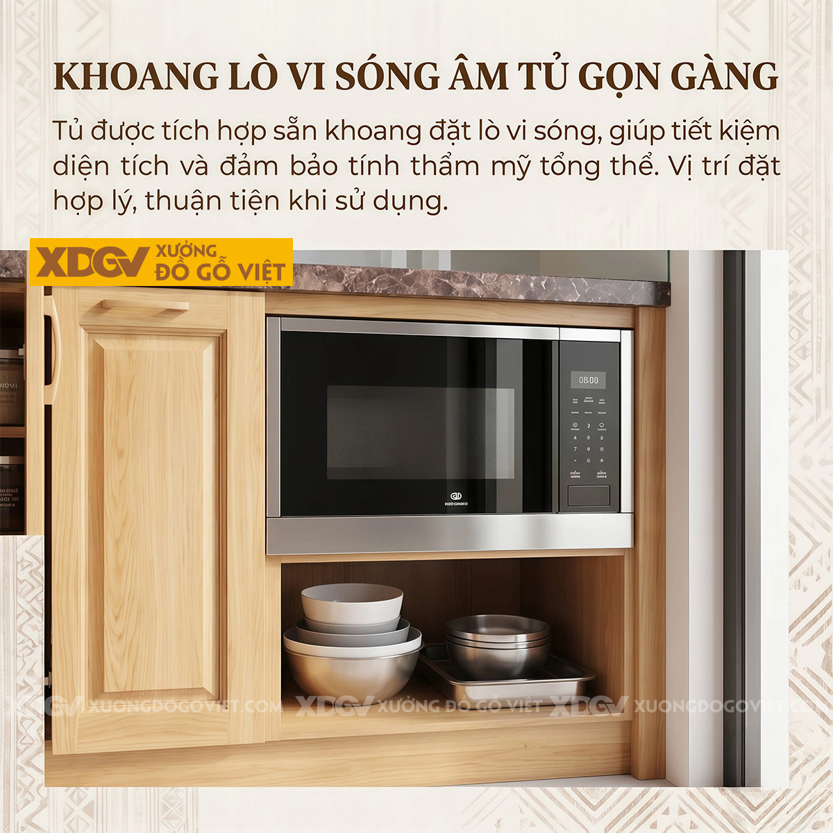 Bộ Tủ Bếp Gỗ Sồi Chữ I Thiết Kế Cánh Pano Đa Ngăn Thông Minh