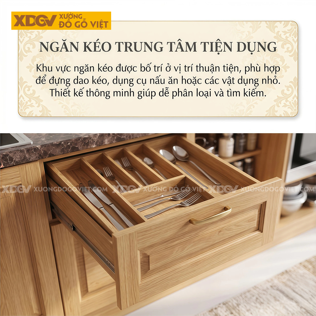Bộ Tủ Bếp Gỗ Sồi Chữ I Thiết Kế Cánh Pano Đa Ngăn Thông Minh