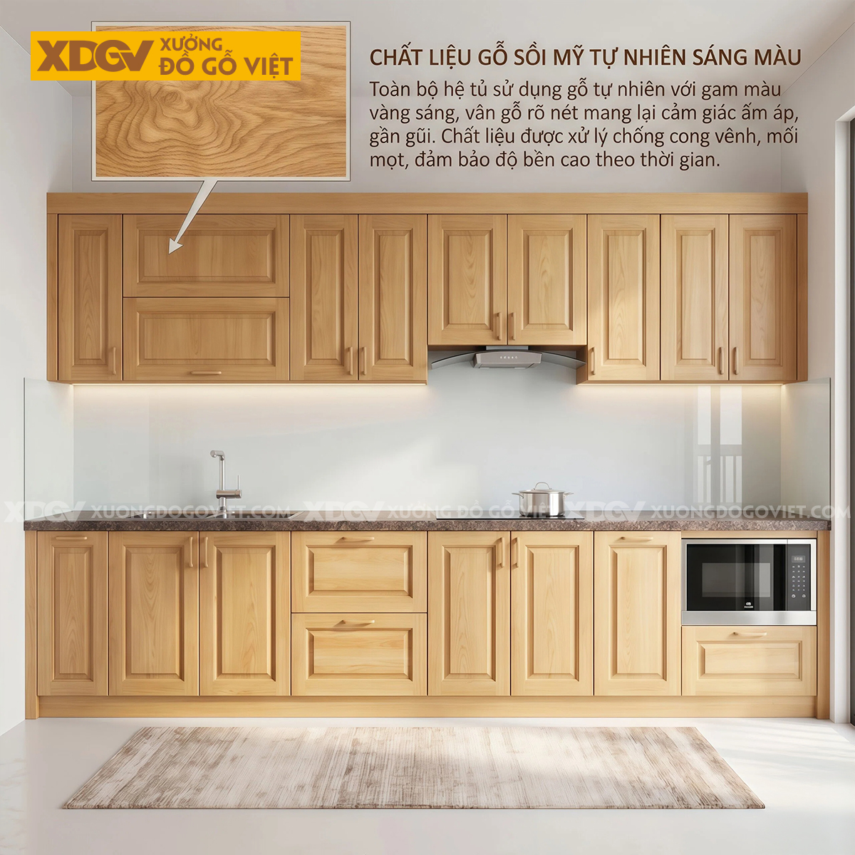 Bộ Tủ Bếp Gỗ Sồi Chữ I Thiết Kế Cánh Pano Đa Ngăn Thông Minh