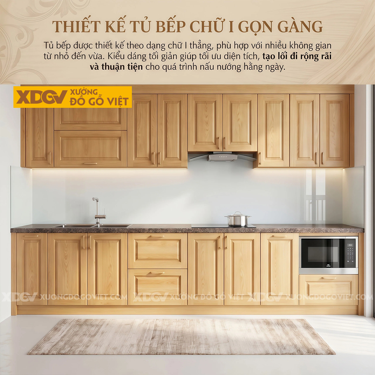 Bộ Tủ Bếp Gỗ Sồi Chữ I Thiết Kế Cánh Pano Đa Ngăn Thông Minh