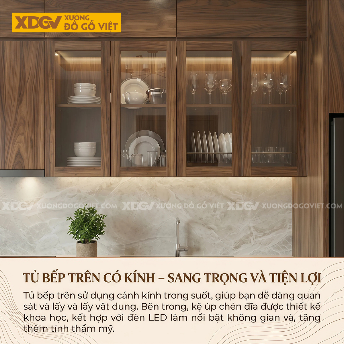Bộ Tủ Bếp Veneer Óc Chó Tay Nắm Âm Kết Hợp Tủ Kính Đẹp
