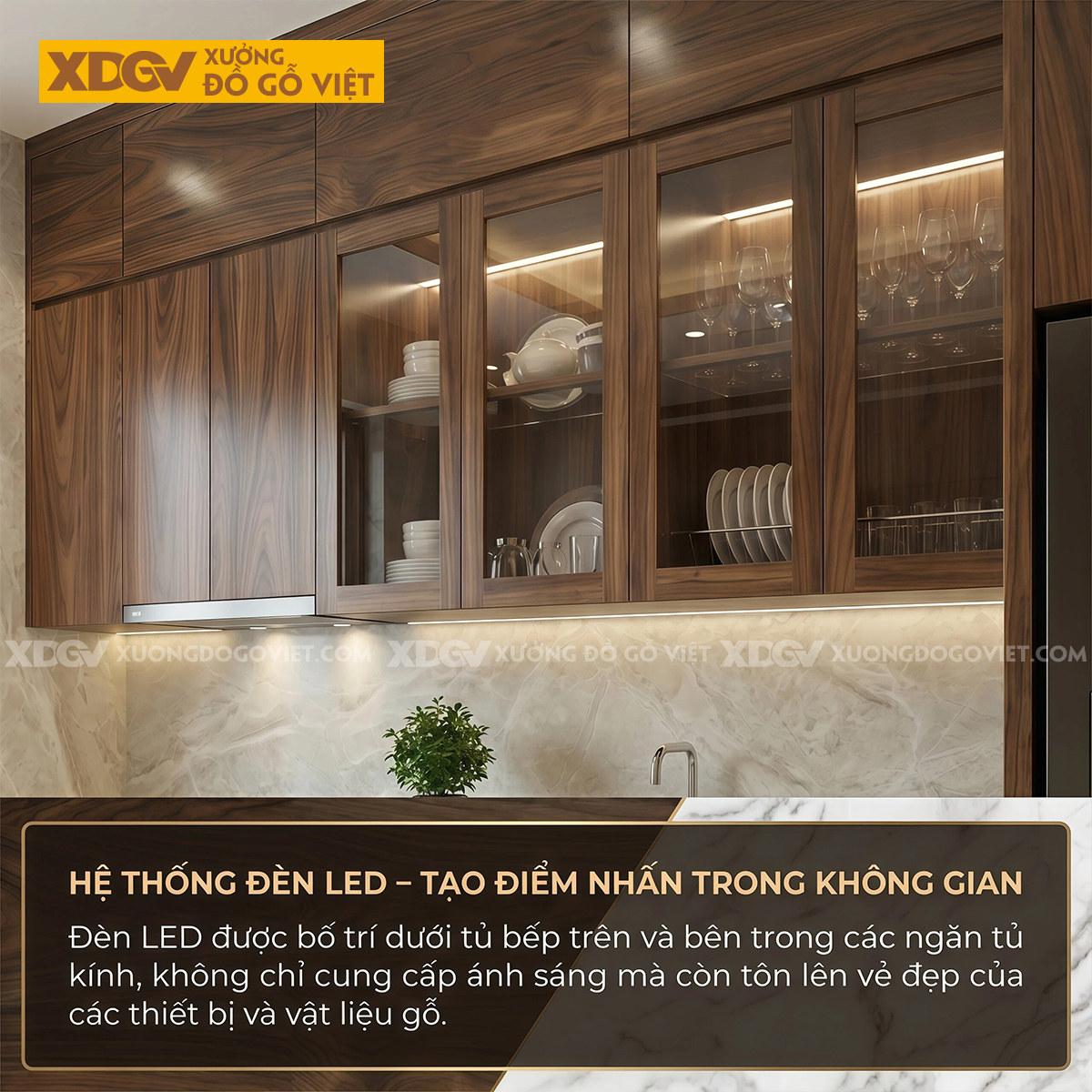 Bộ Tủ Bếp Veneer Óc Chó Tay Nắm Âm Kết Hợp Tủ Kính Đẹp