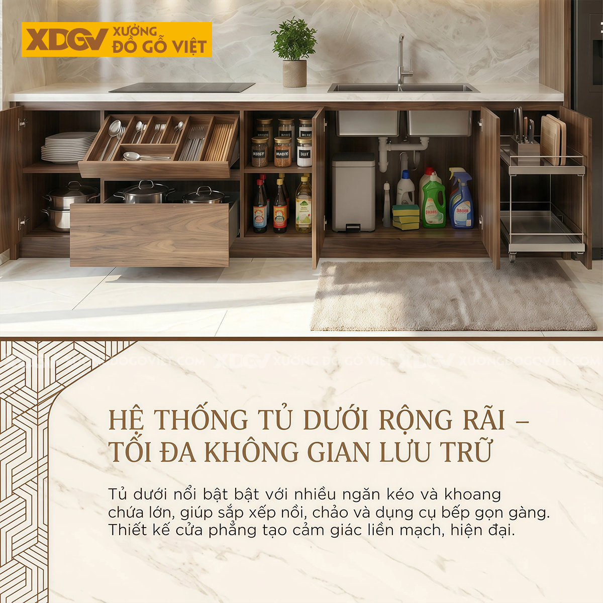 Bộ Tủ Bếp Veneer Óc Chó Tay Nắm Âm Kết Hợp Tủ Kính Đẹp