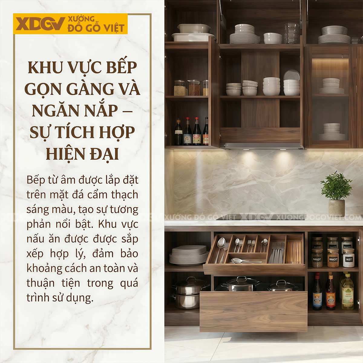 Bộ Tủ Bếp Veneer Óc Chó Tay Nắm Âm Kết Hợp Tủ Kính Đẹp