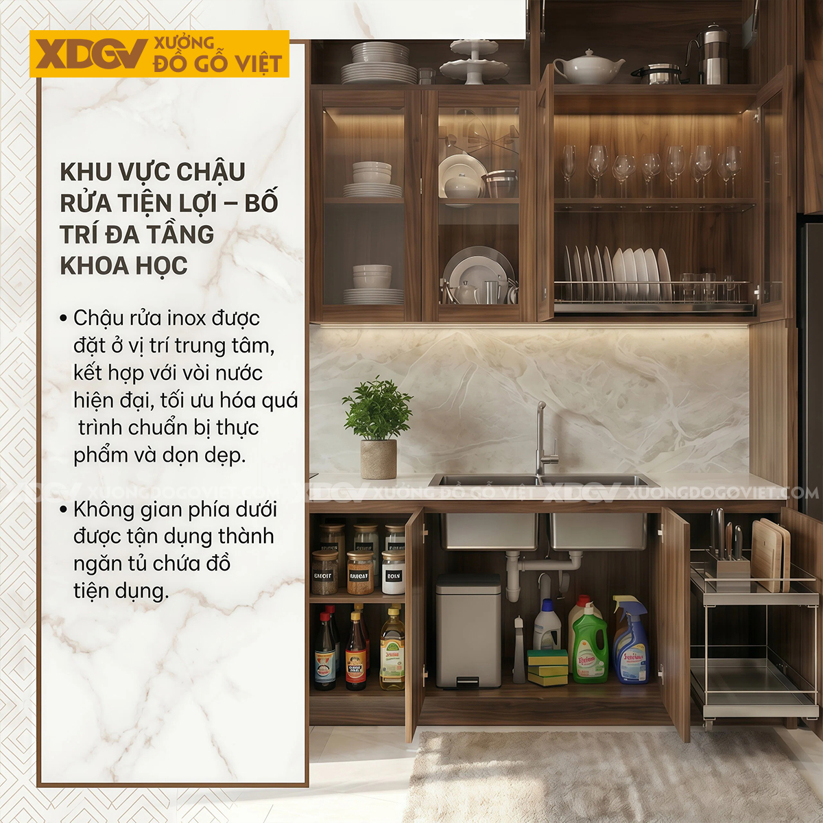 Bộ Tủ Bếp Veneer Óc Chó Tay Nắm Âm Kết Hợp Tủ Kính Đẹp