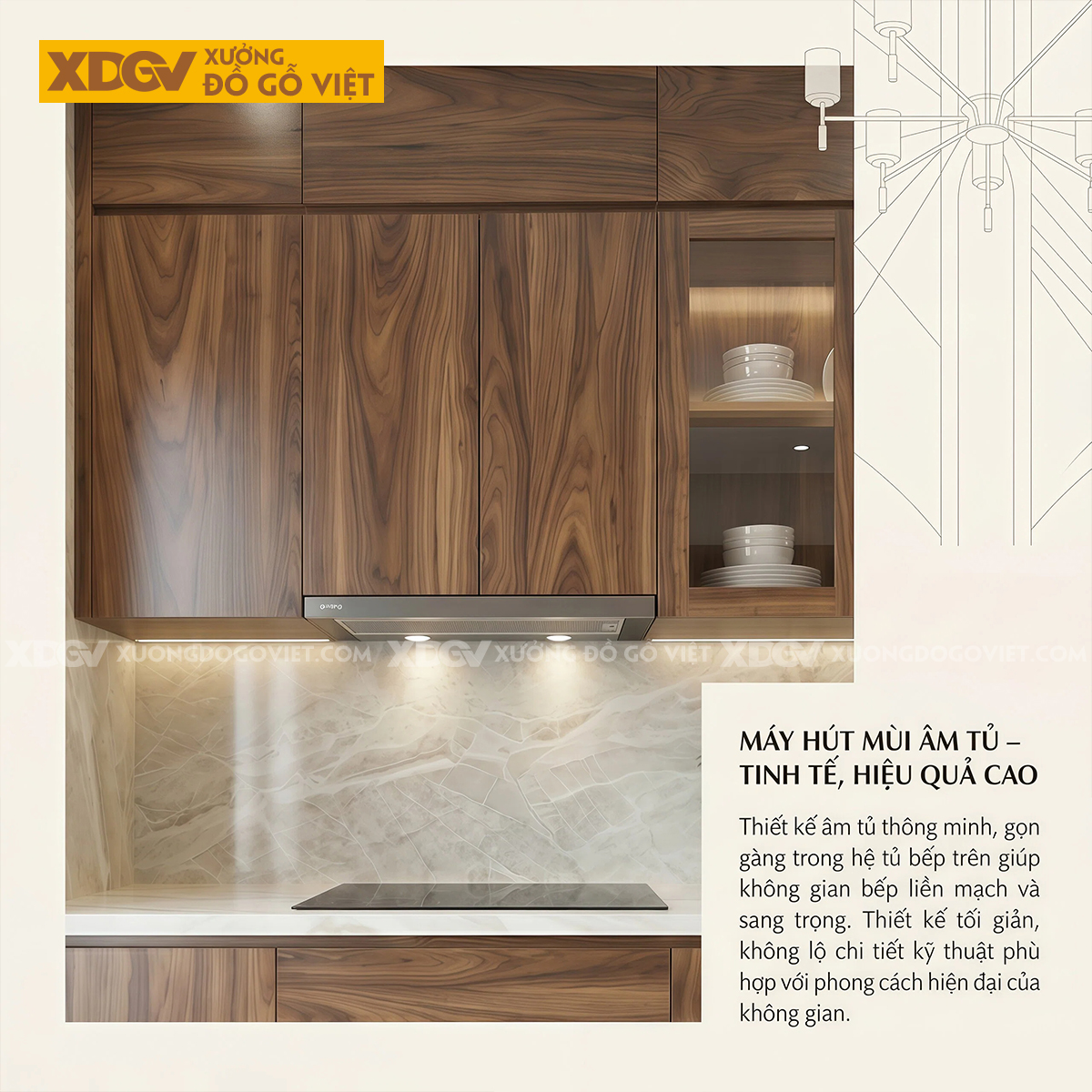 Bộ Tủ Bếp Veneer Óc Chó Tay Nắm Âm Kết Hợp Tủ Kính Đẹp