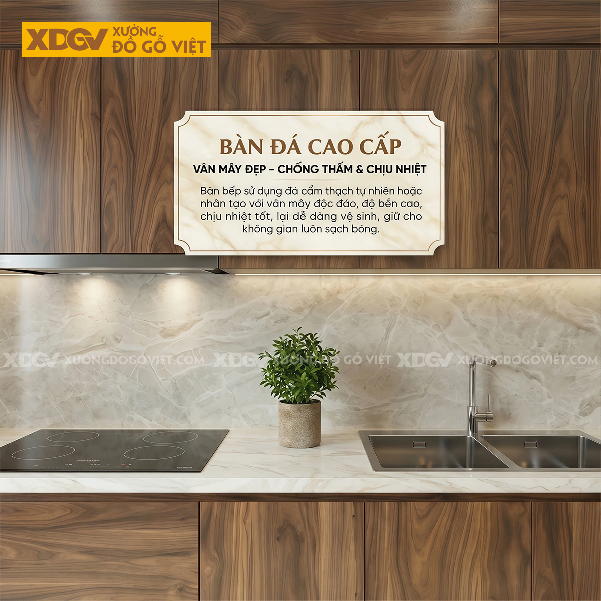 Bộ Tủ Bếp Veneer Óc Chó Tay Nắm Âm Kết Hợp Tủ Kính Đẹp