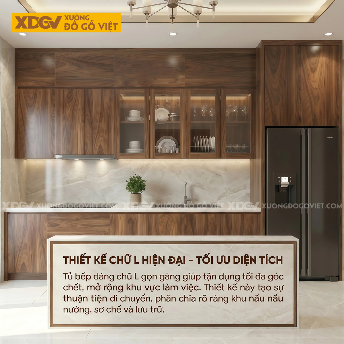 Bộ Tủ Bếp Veneer Óc Chó Tay Nắm Âm Kết Hợp Tủ Kính Đẹp