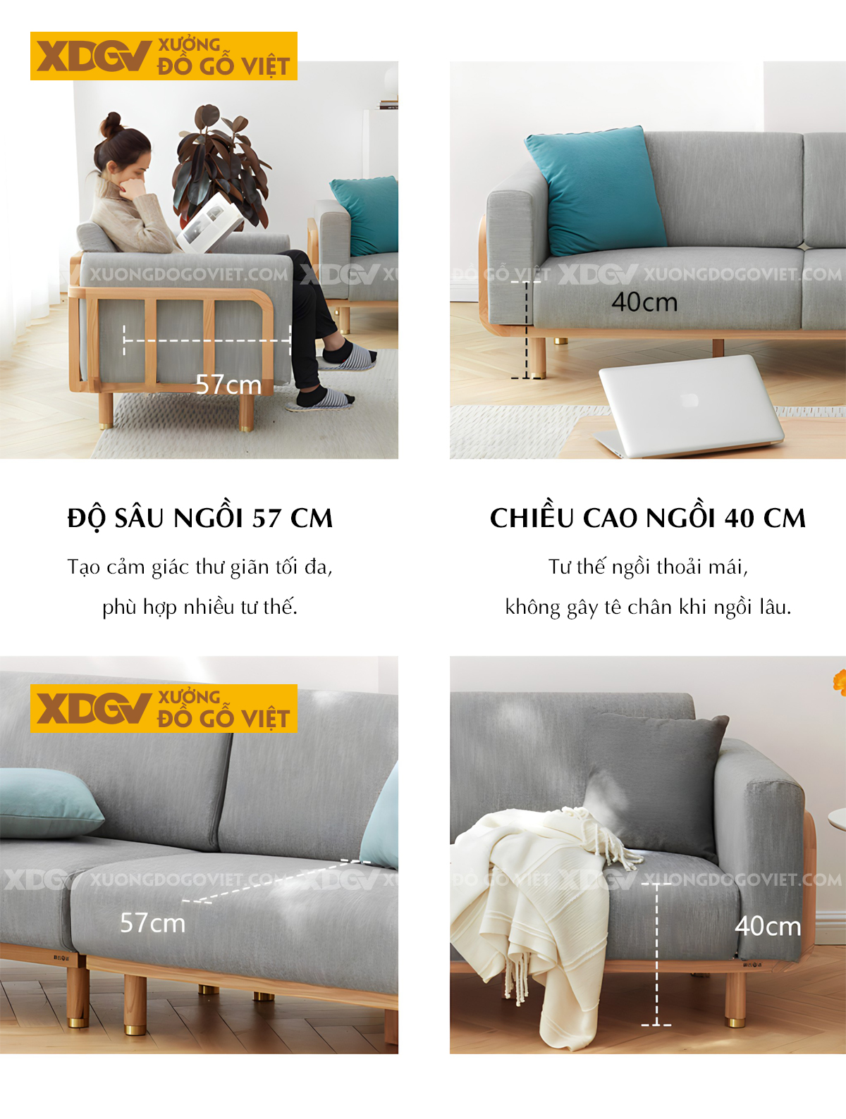 Ghế Dài Sofa Sồi Hiện Đại Japandi Tay Vịn Bo Tròn Bọc Nệm