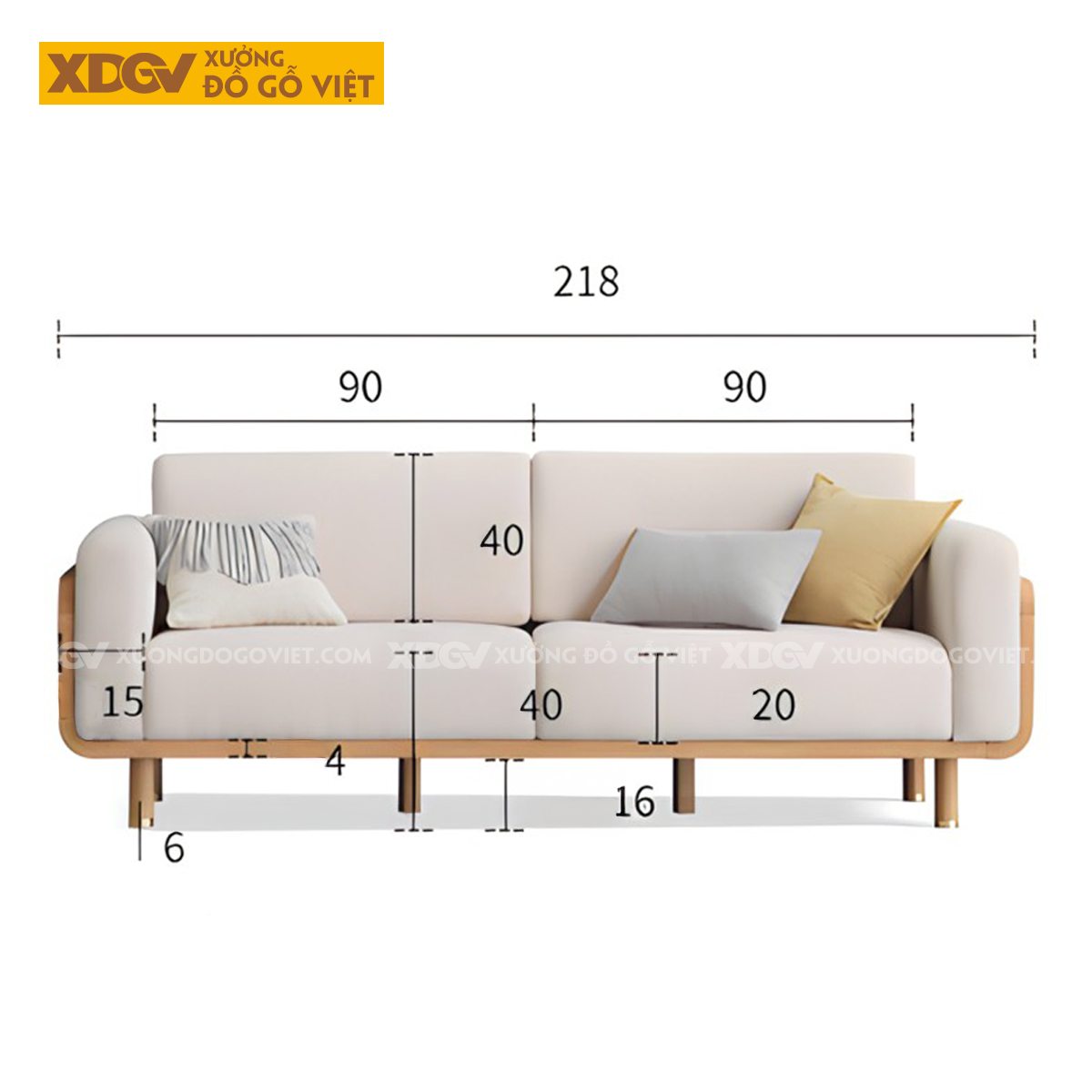 Ghế Dài Sofa Sồi Hiện Đại Japandi Tay Vịn Bo Tròn Bọc Nệm