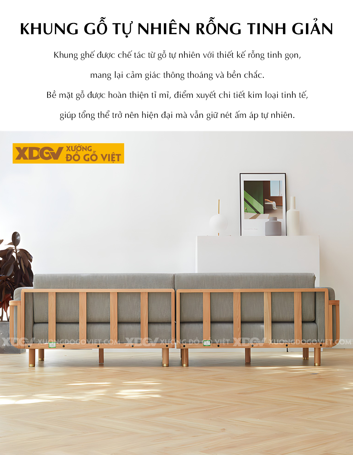 Ghế Dài Sofa Sồi Hiện Đại Japandi Tay Vịn Bo Tròn Bọc Nệm