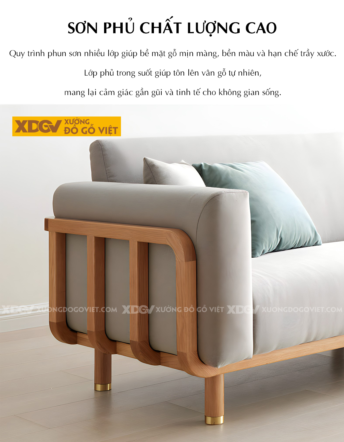 Ghế Dài Sofa Sồi Hiện Đại Japandi Tay Vịn Bo Tròn Bọc Nệm