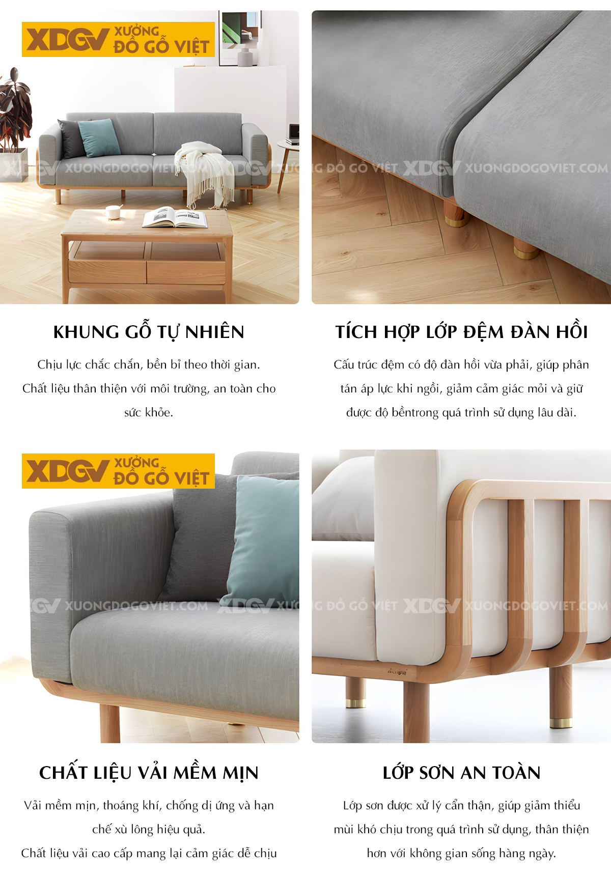 Ghế Dài Sofa Sồi Hiện Đại Japandi Tay Vịn Bo Tròn Bọc Nệm