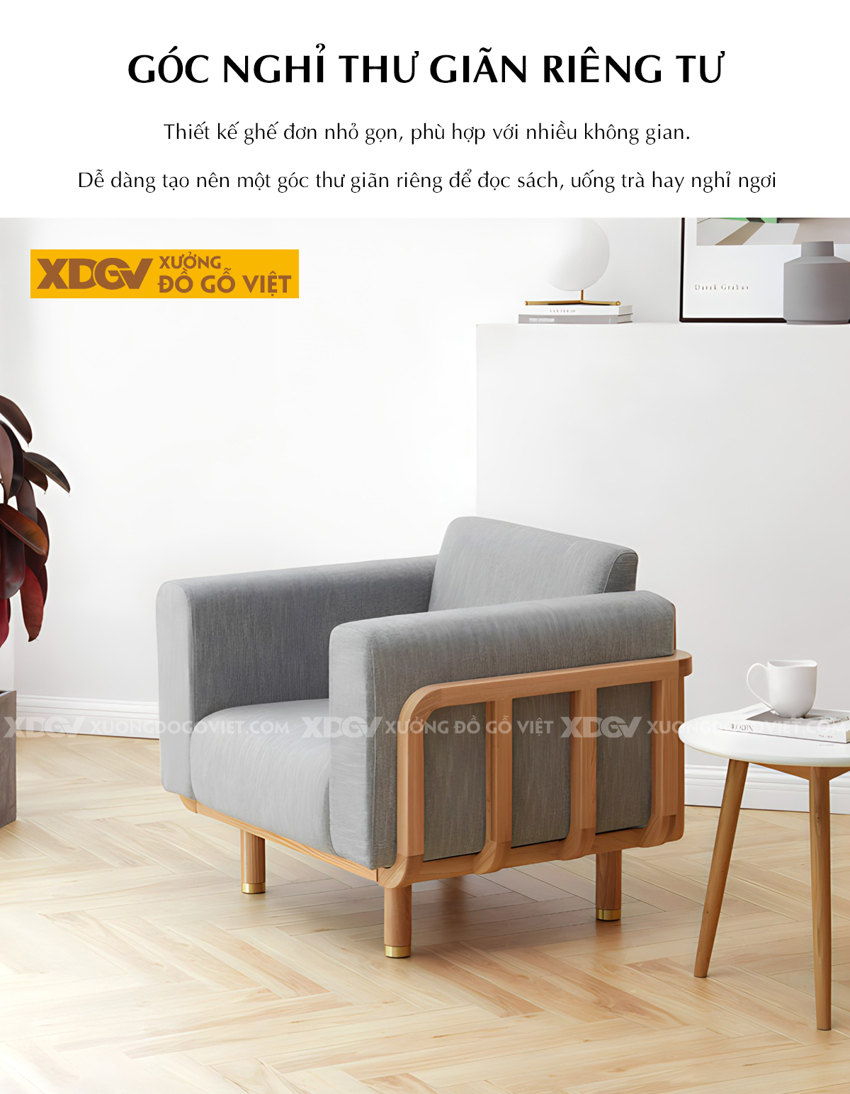 Ghế Dài Sofa Sồi Hiện Đại Japandi Tay Vịn Bo Tròn Bọc Nệm