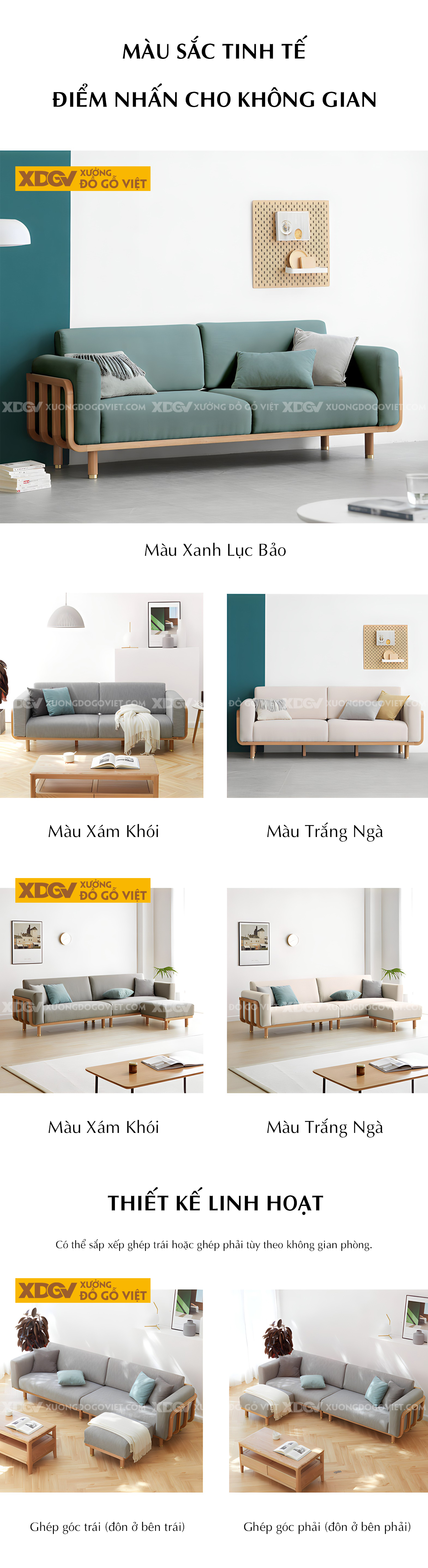 Ghế Dài Sofa Sồi Hiện Đại Japandi Tay Vịn Bo Tròn Bọc Nệm