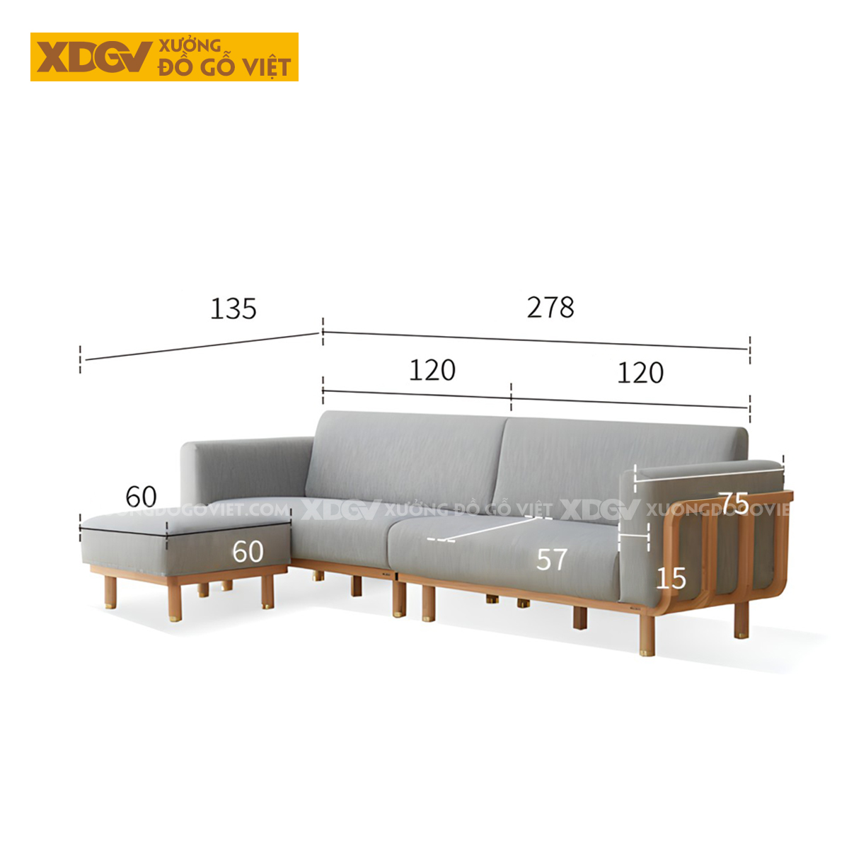 Ghế Dài Sofa Sồi Hiện Đại Japandi Tay Vịn Bo Tròn Bọc Nệm