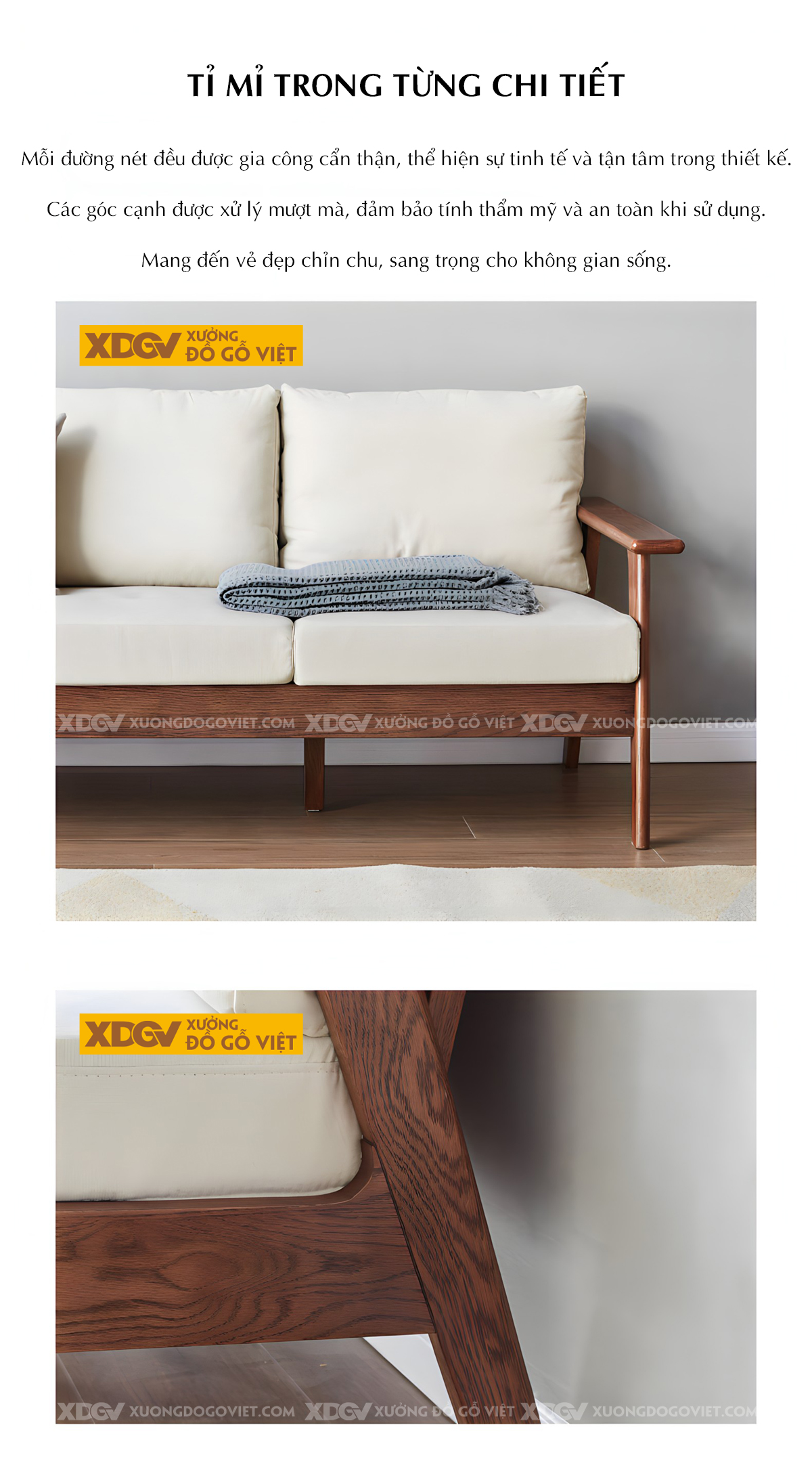 Ghế Sofa 1 Văng Gỗ Sồi Hiện Đại Khung Nhỏ Bo Góc Tinh Tế