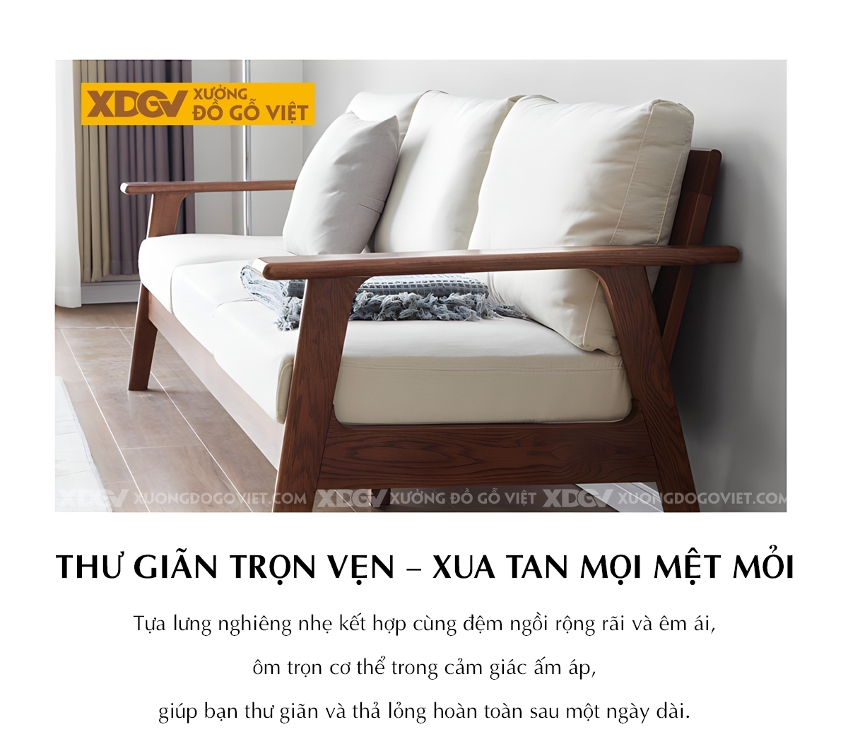 Ghế Sofa 1 Văng Gỗ Sồi Hiện Đại Khung Nhỏ Bo Góc Tinh Tế