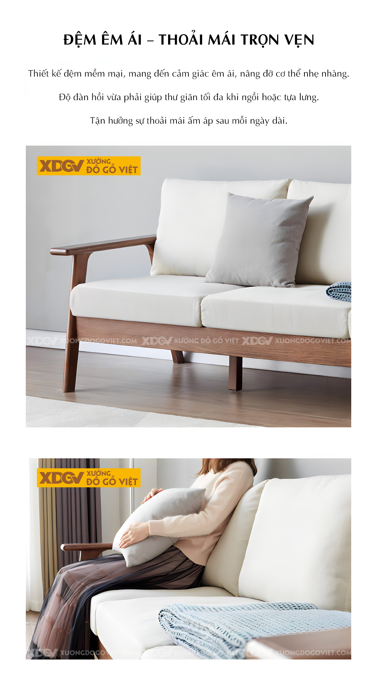 Ghế Sofa 1 Văng Gỗ Sồi Hiện Đại Khung Nhỏ Bo Góc Tinh Tế