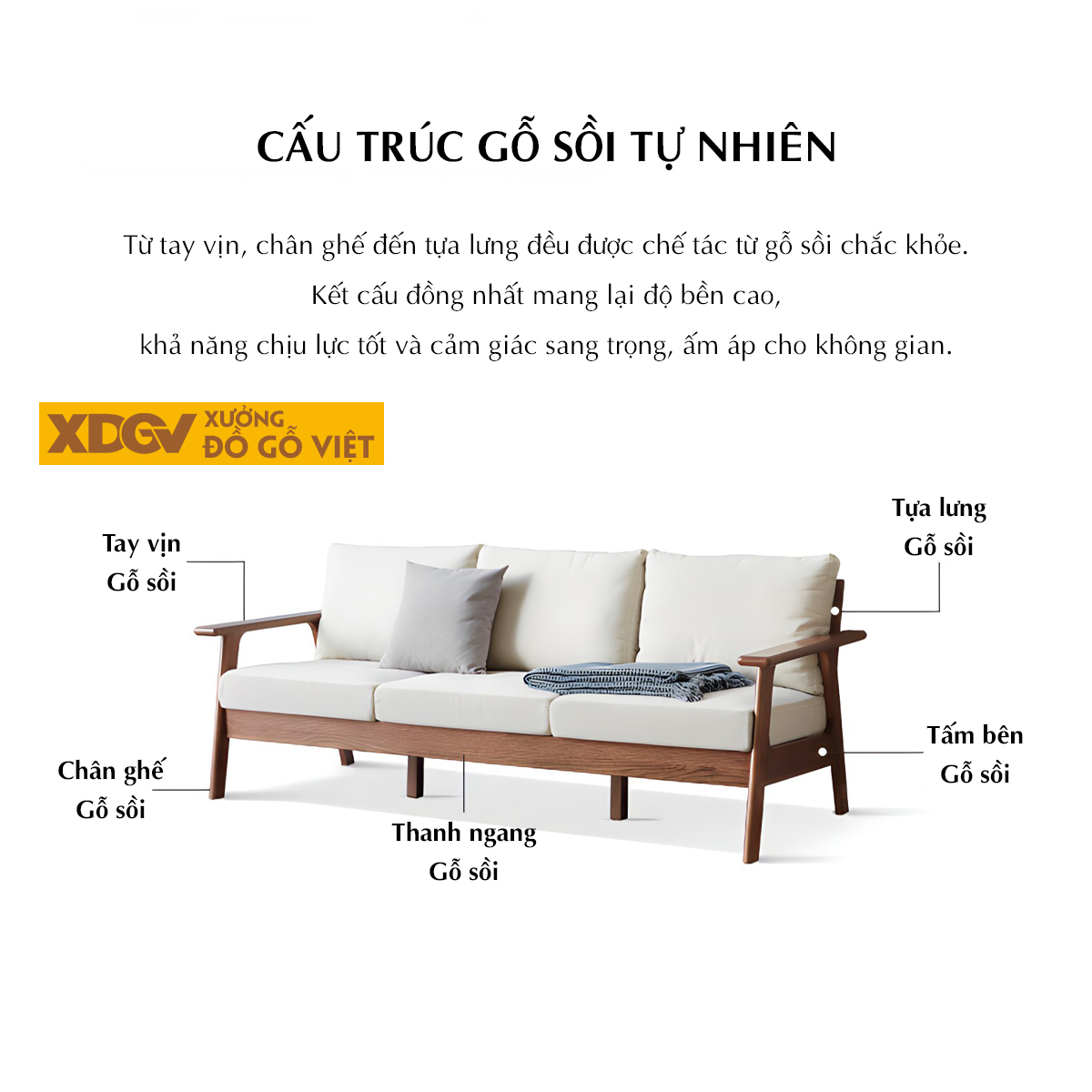 Ghế Sofa 1 Văng Gỗ Sồi Hiện Đại Khung Nhỏ Bo Góc Tinh Tế