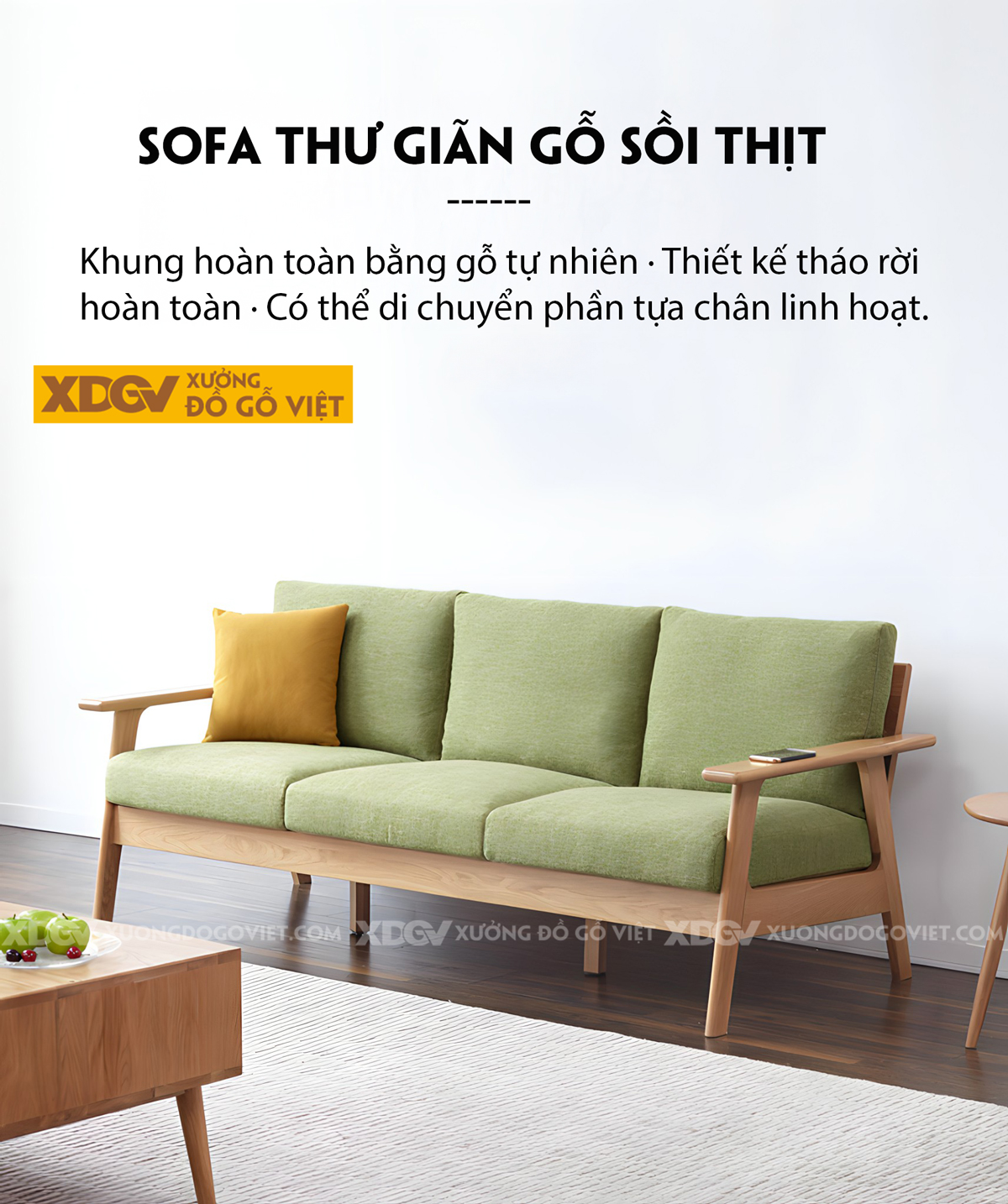 Ghế Sofa Gỗ Sồi Hiện Đại Khung Nhỏ Bo Góc Tinh Tế Thanh Lịch