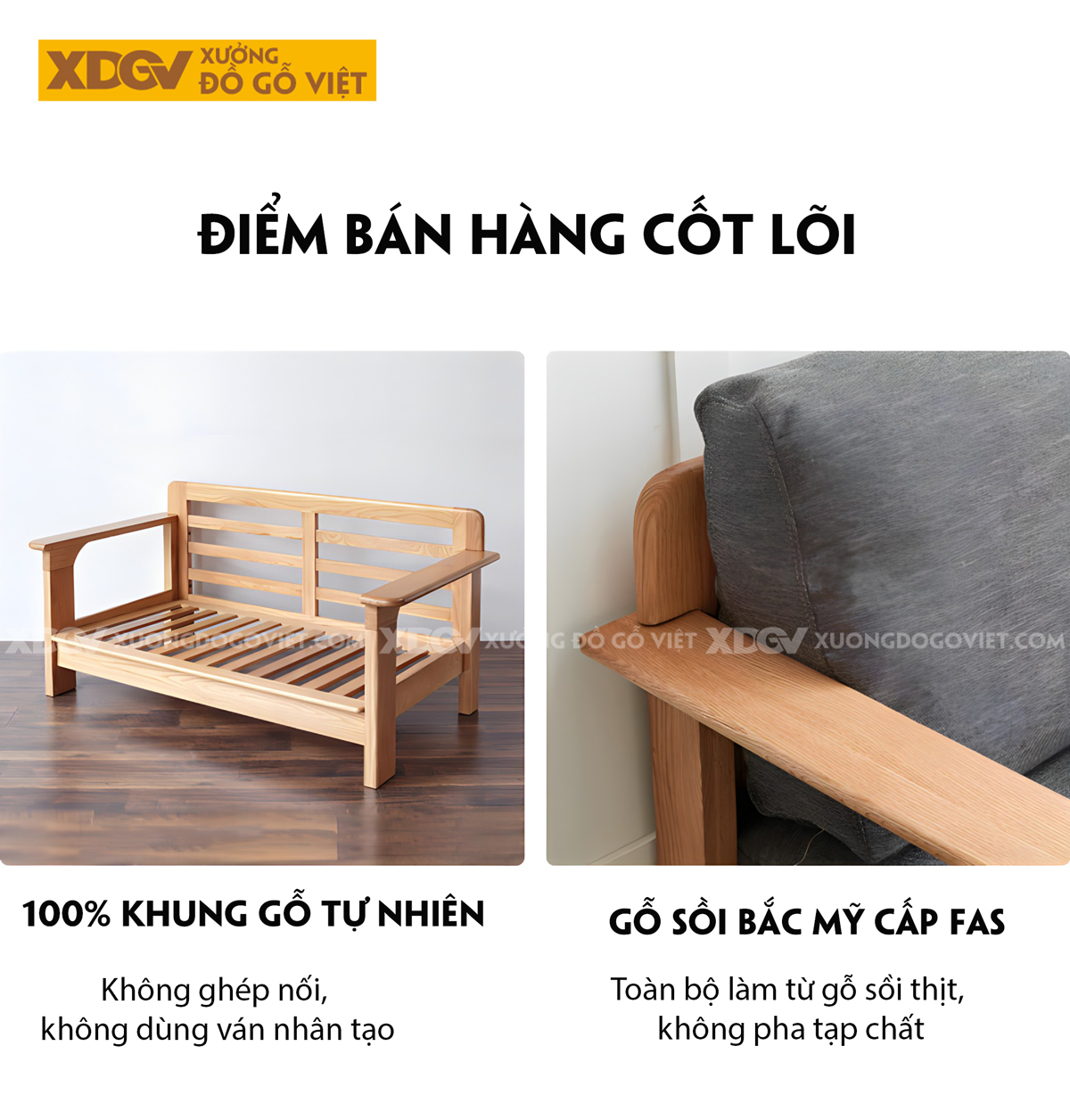 Ghế Sofa Gỗ Sồi Tự Nhiên Khung Thanh Nan Ghép Liền Mạch