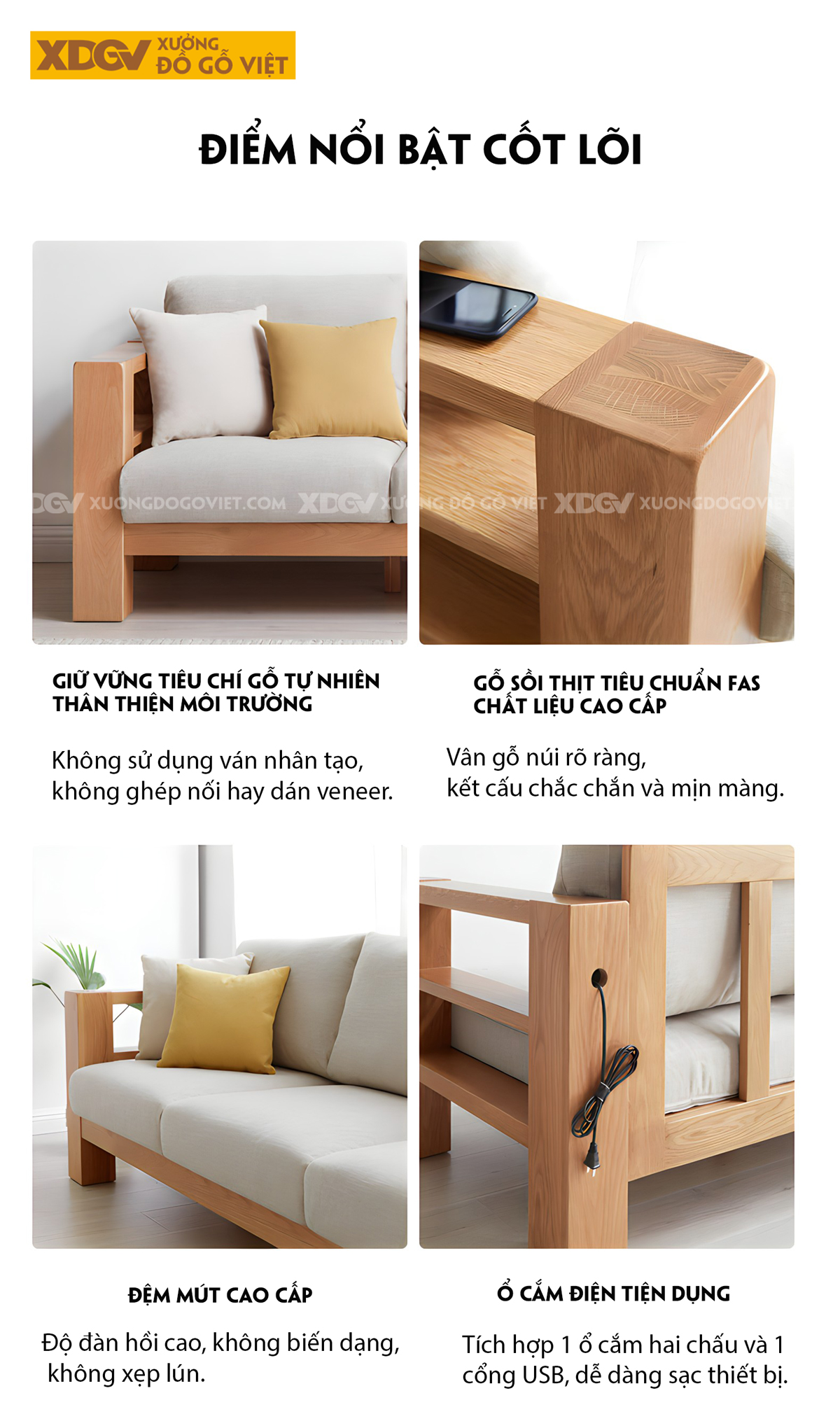 Ghế Sofa Sồi Gia Đình Phòng Khách Góc L Vuông Vức Tối Giản