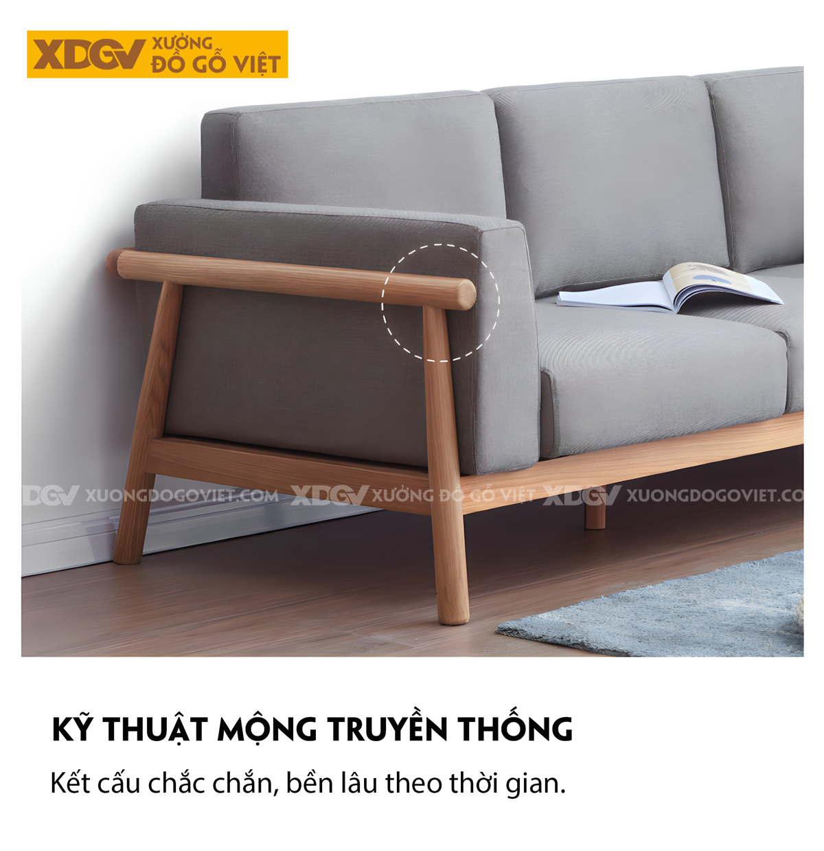 Ghế Sofa Sồi Thịt Tay Vịn Chân Khung Gỗ Tiện Tròn Tinh Tế