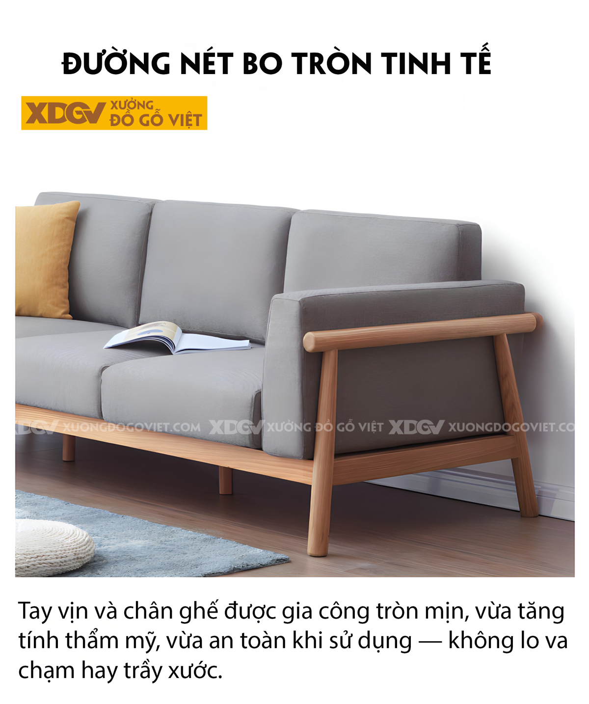 Ghế Sofa Sồi Thịt Tay Vịn Chân Khung Gỗ Tiện Tròn Tinh Tế