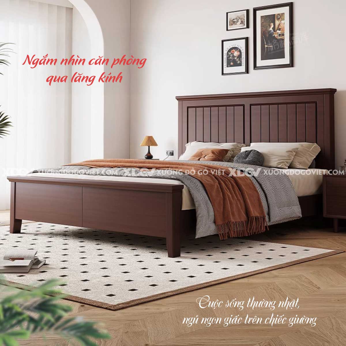 Giường Gỗ Căm Xe Tân Cổ Điển Đầu Viền Khung Pano Nan Sọc Dọc