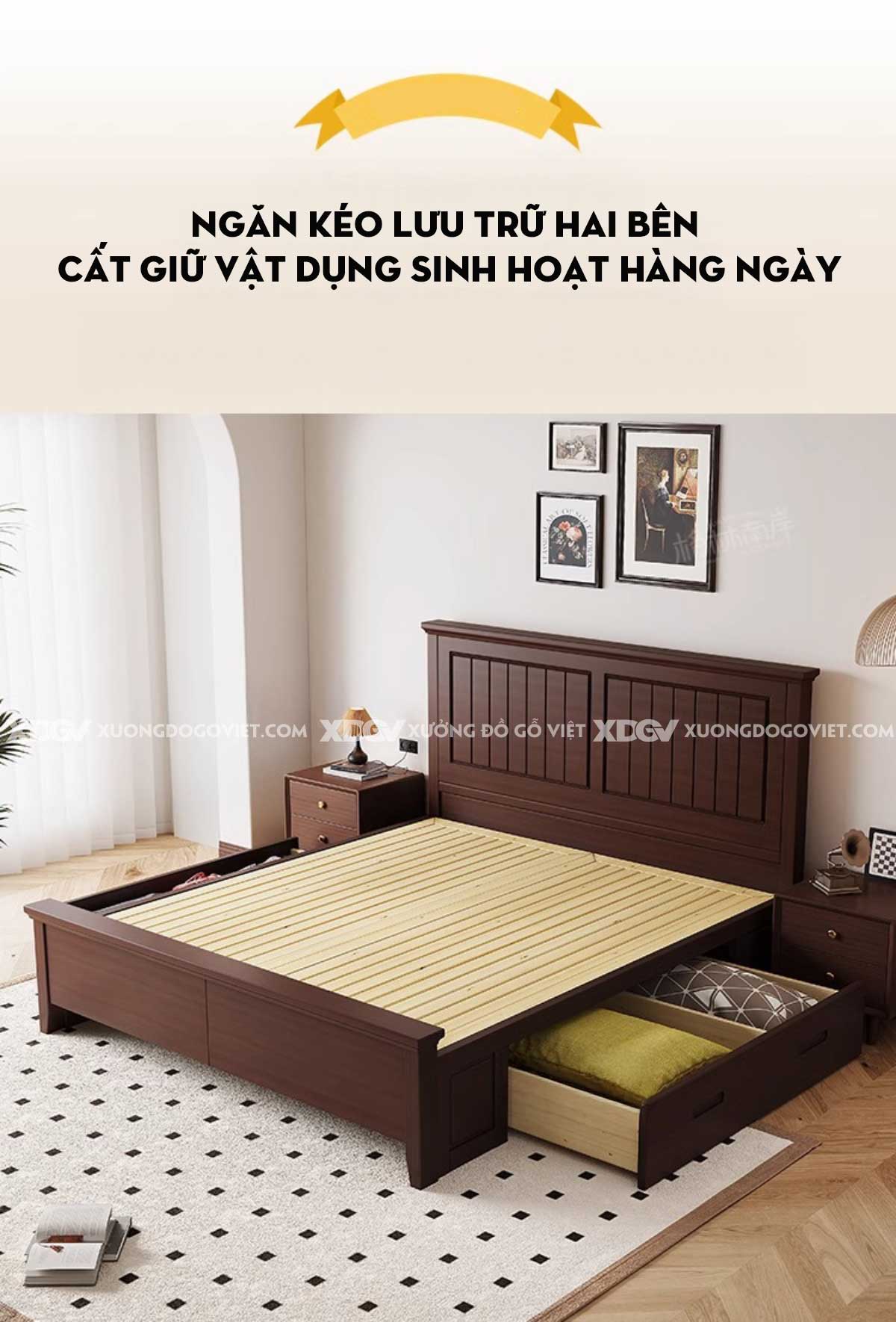 Giường Gỗ Căm Xe Tân Cổ Điển Đầu Viền Khung Pano Nan Sọc Dọc